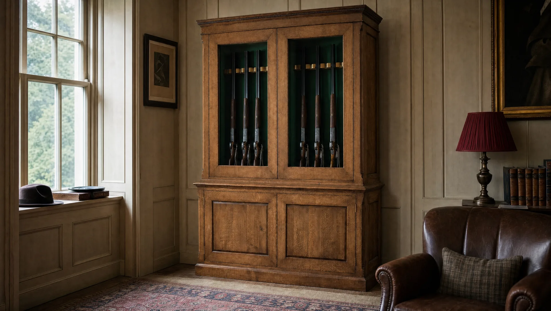 The Deben gun cabinet seen from three-quarters, showing the depth of the carcass and the returned cornice