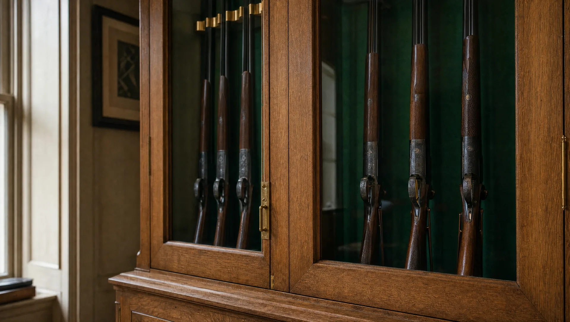 Close detail of the dentil cornice, fluted stile and brass escutcheon on an oak gun cabinet