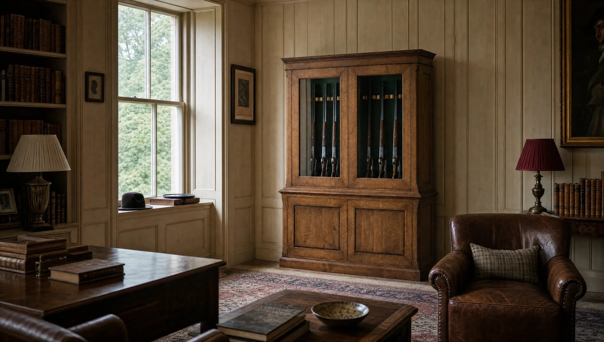The Deben gun cabinet in a panelled country-house study with a leather armchair