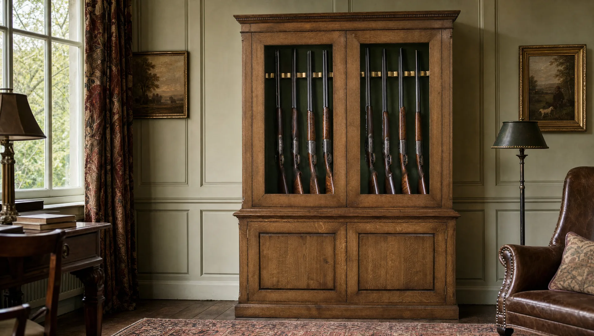Two-door glazed oak gun cabinet with a dentil cornice, eight shotguns racked upright behind the glass, in a panelled study
