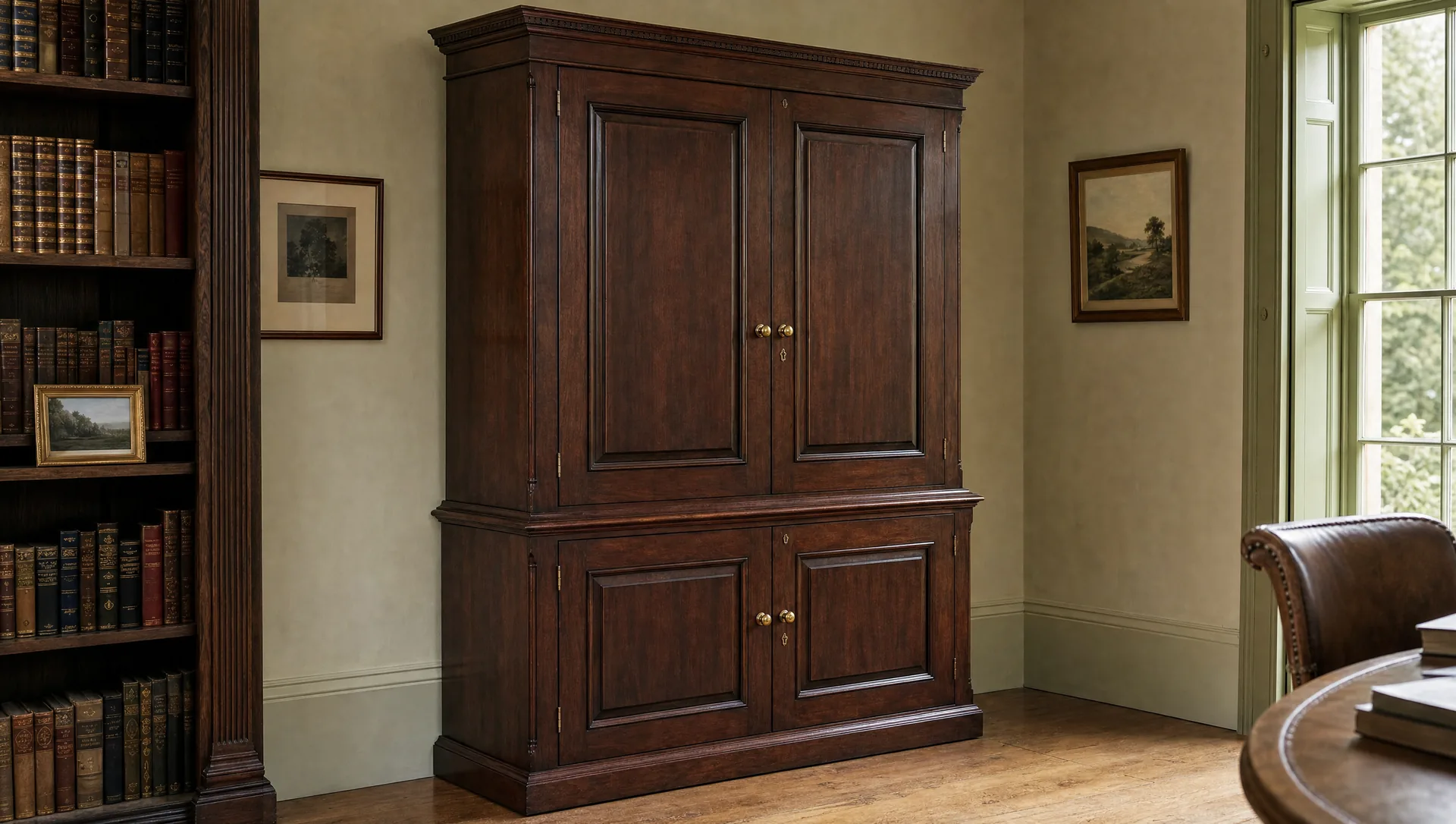 The Deben Solid gun cabinet from three-quarters, doors closed, solid raised panels