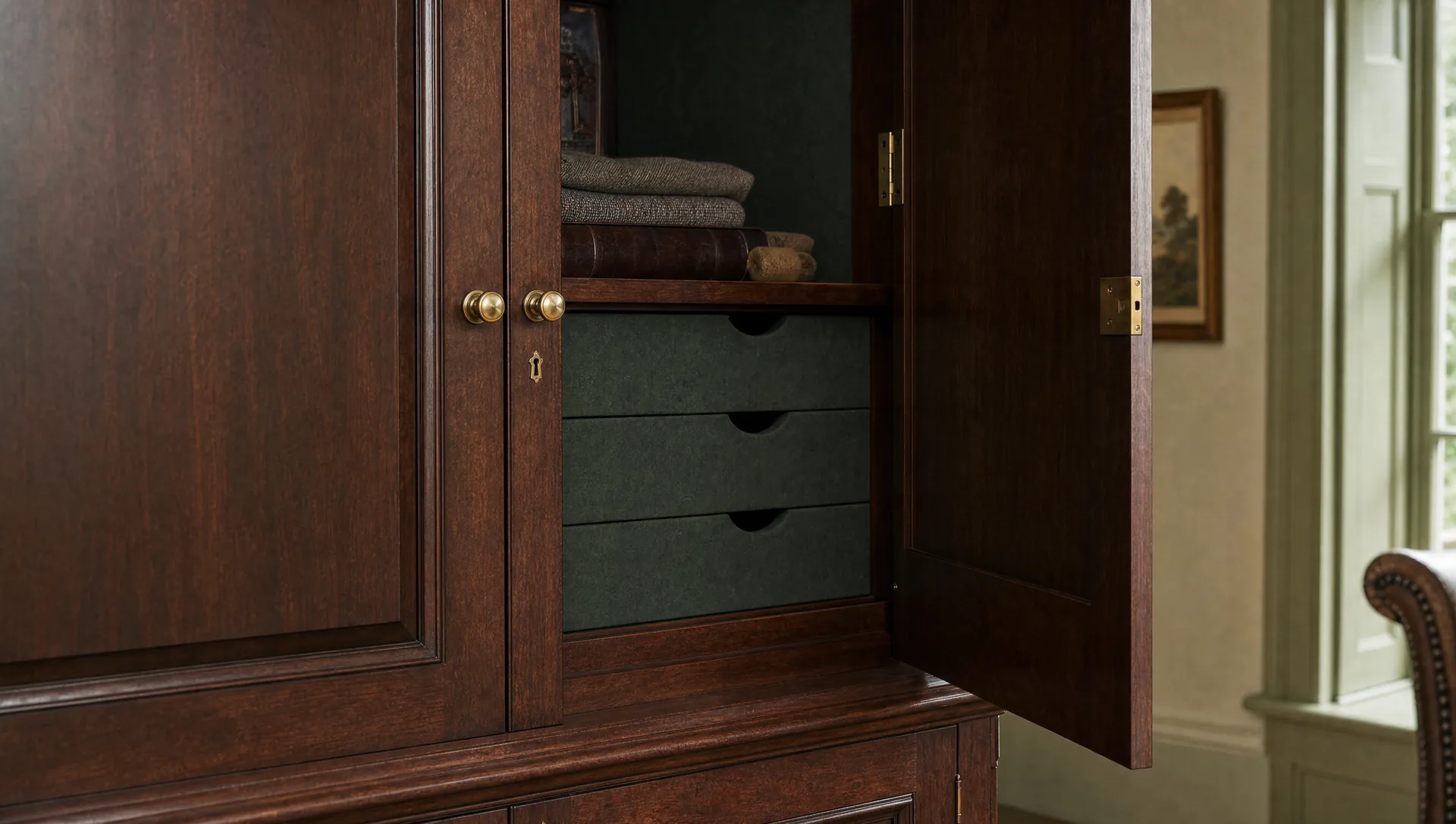 Close detail of a raised panel and its moulding on a mahogany gun cabinet door
