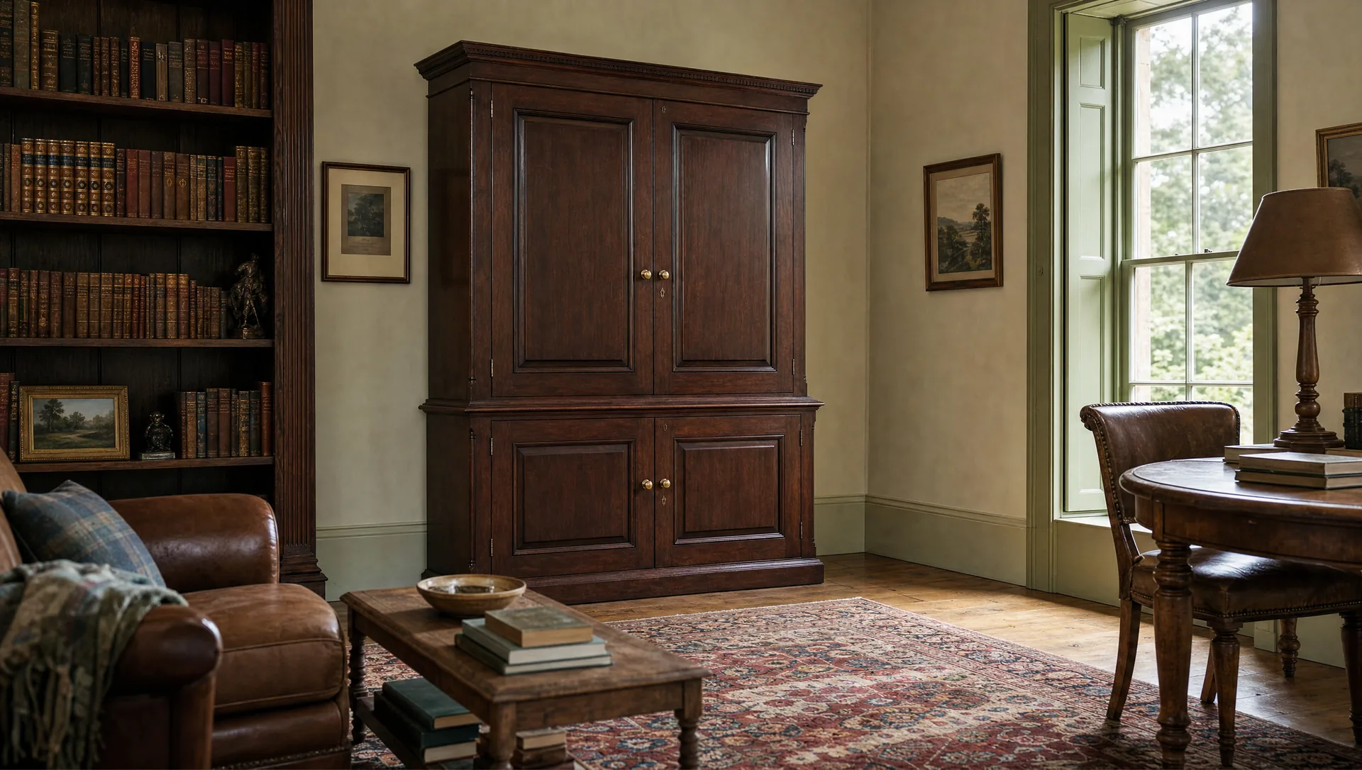 A solid-fronted gun cabinet standing in a country-house hallway
