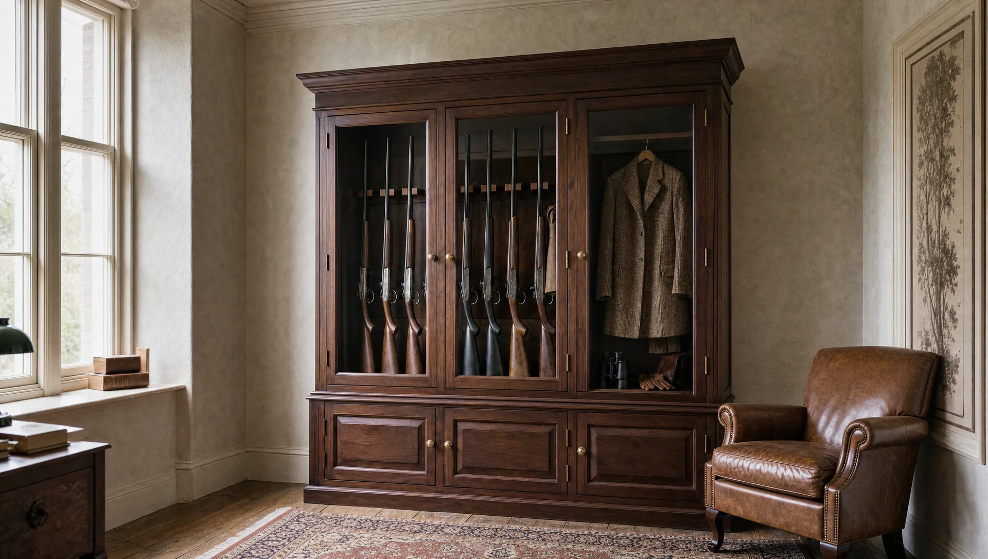 The Alde gun cabinet from three-quarters, three bays under one cornice