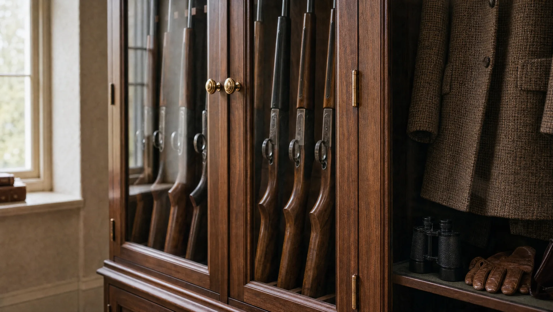The fitted kit bay of a walnut gun cabinet, with a coat rail and shelf