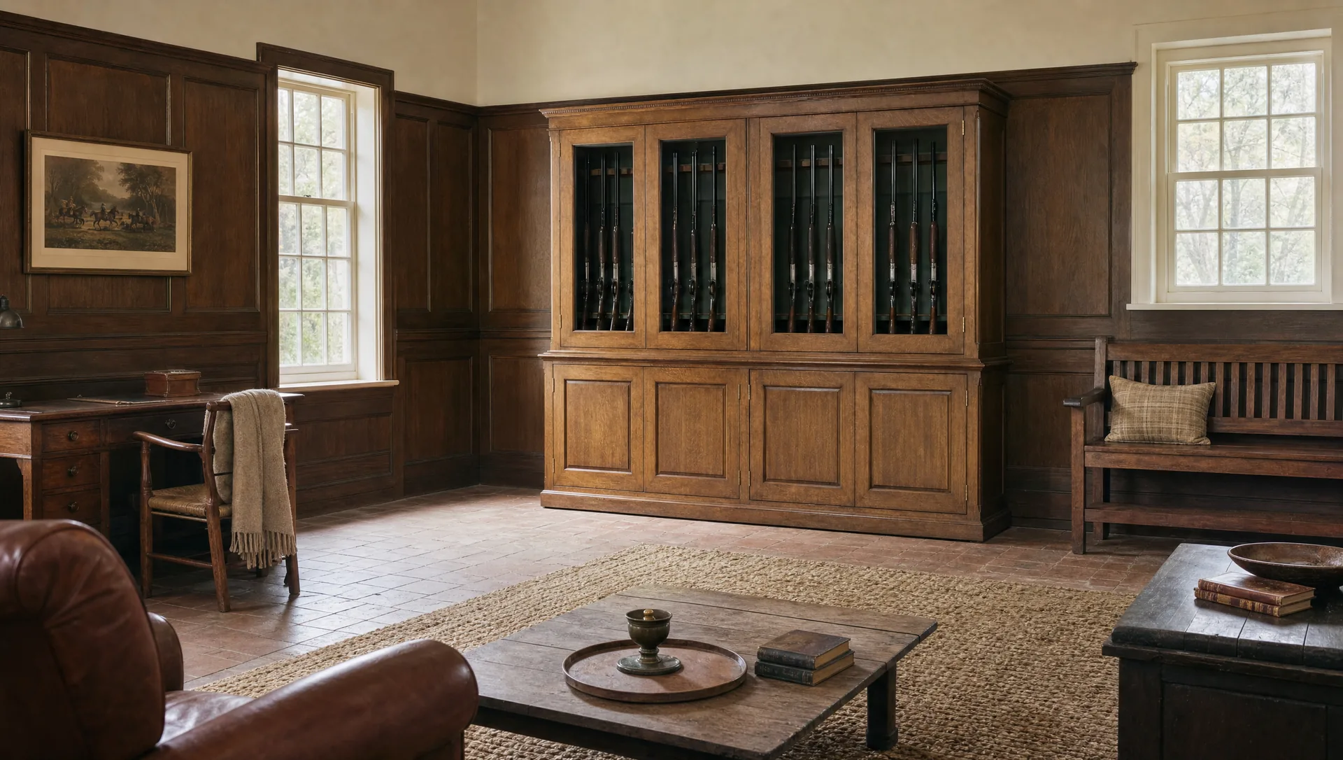 A fitted gun cabinet with a separately locked compartment below the rack