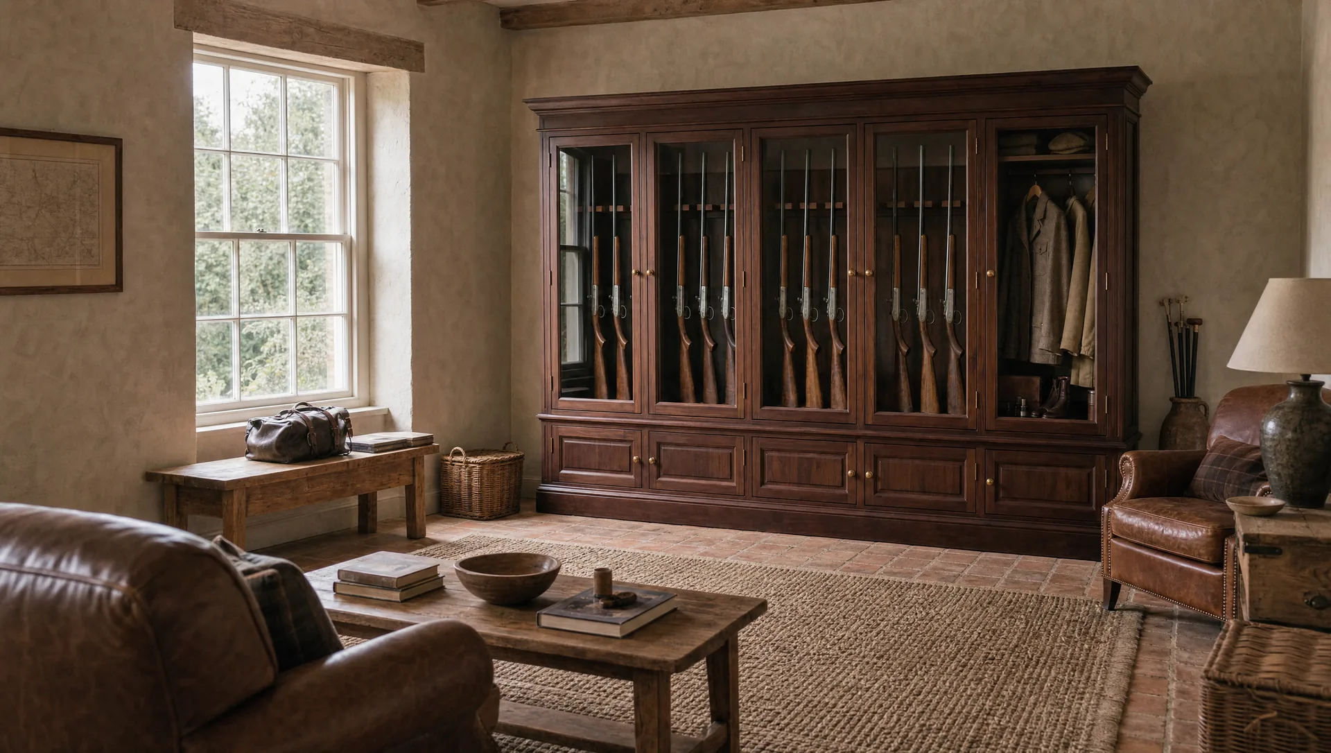A timber gun cabinet built into a panelled room in an older house
