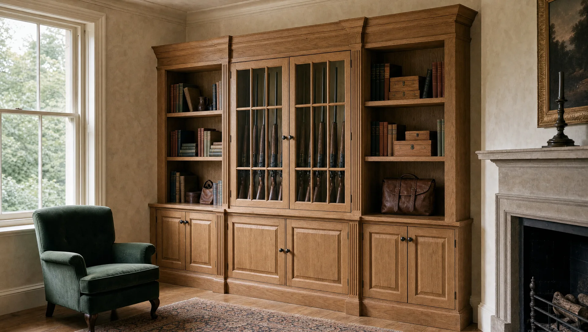 The Blyth library run from three-quarters, bookcases carrying through to the central gun cabinet