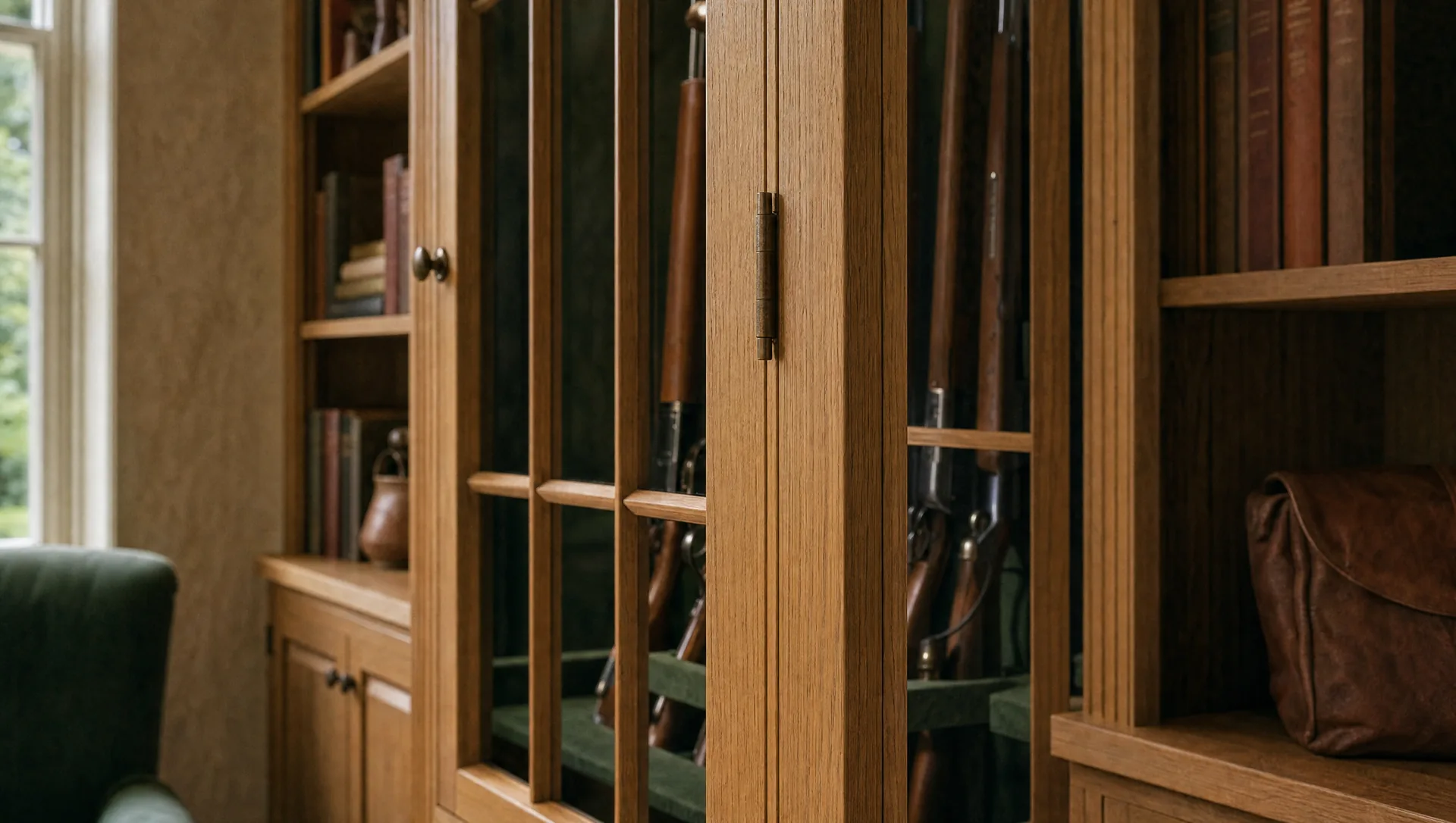 Close detail of astragal glazing bars over racked shotguns in an oak cabinet