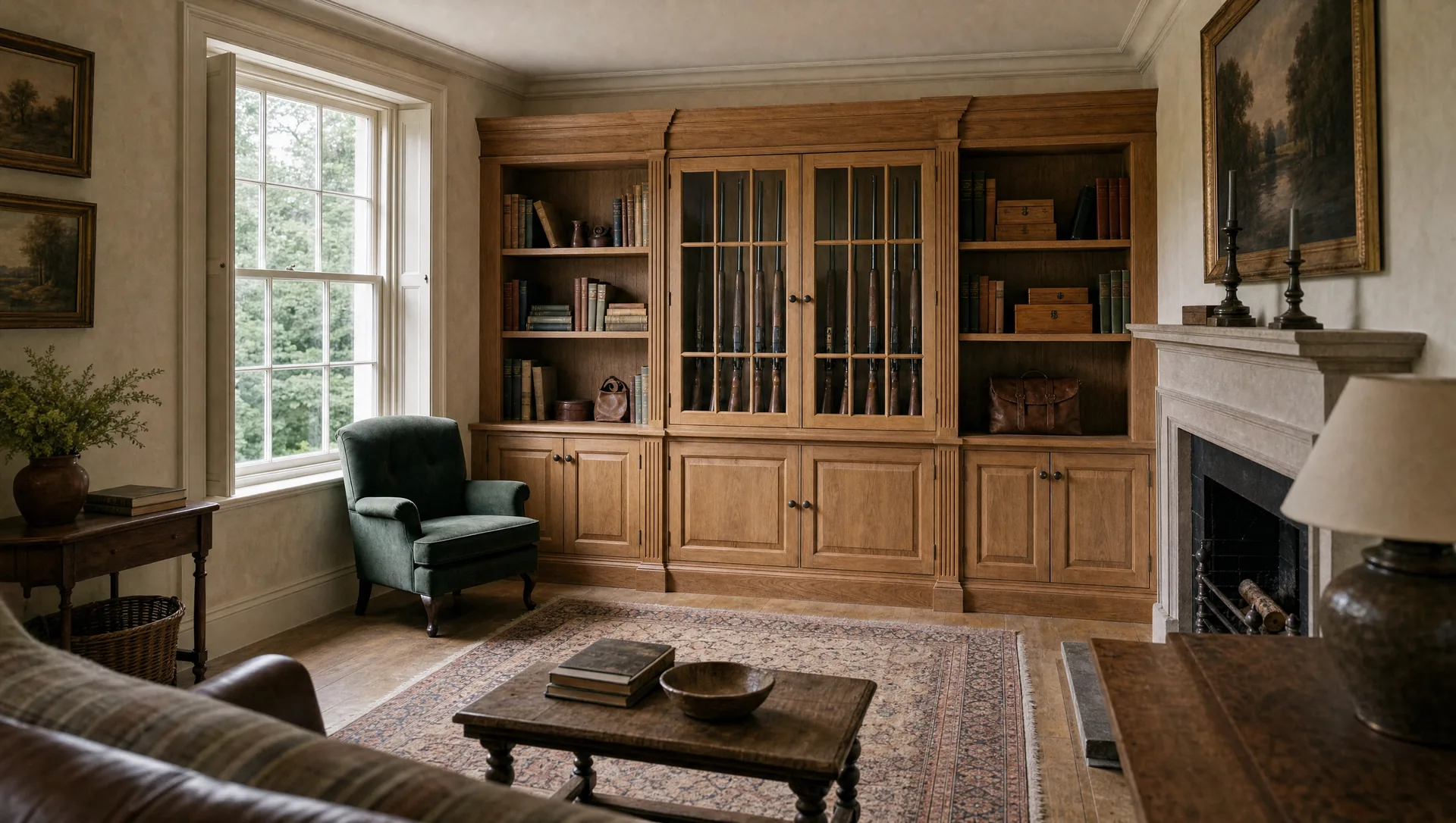 A country-house library with a gun cabinet drawn into the bookcase run