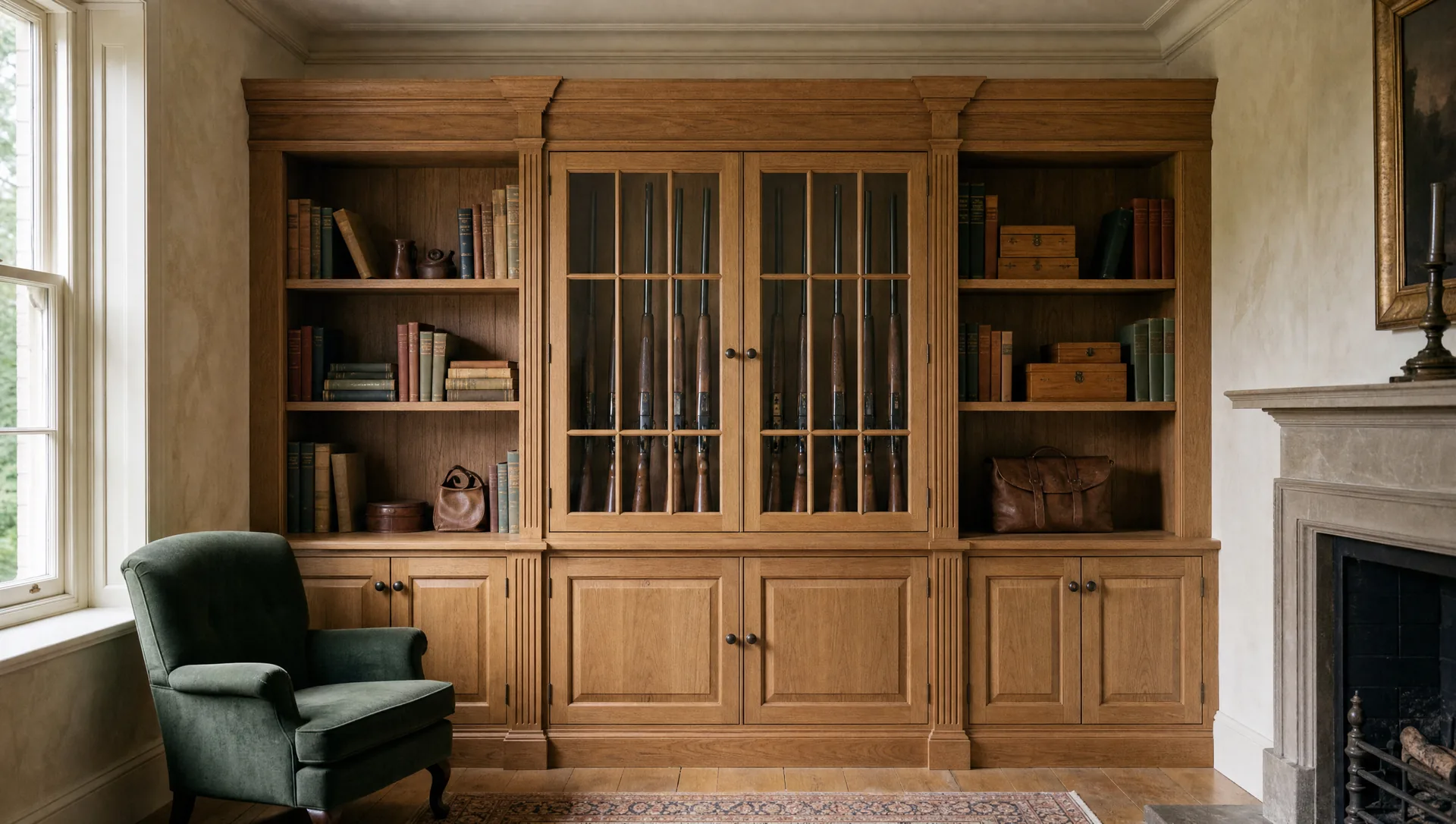 Glazed oak gun cabinet set between open bookcases and drawn as one continuous library run