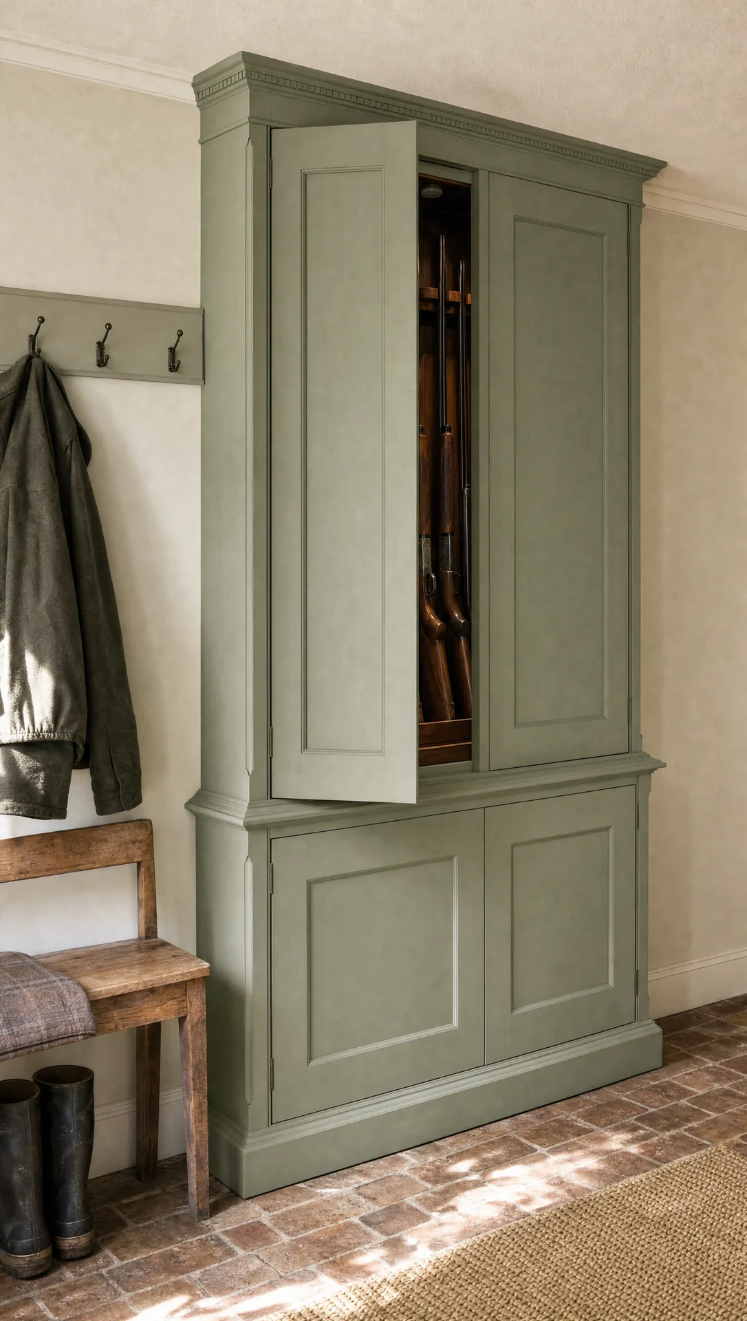 Concealed gun cabinet reading as ordinary painted panelling in a hallway