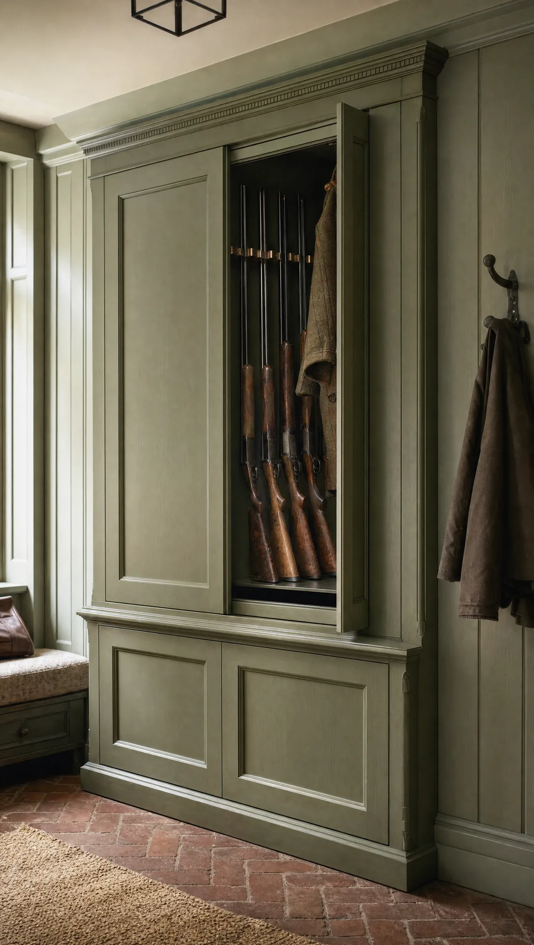 Concealed gun cabinet behind painted panelling, one panel opened to show the racked guns behind