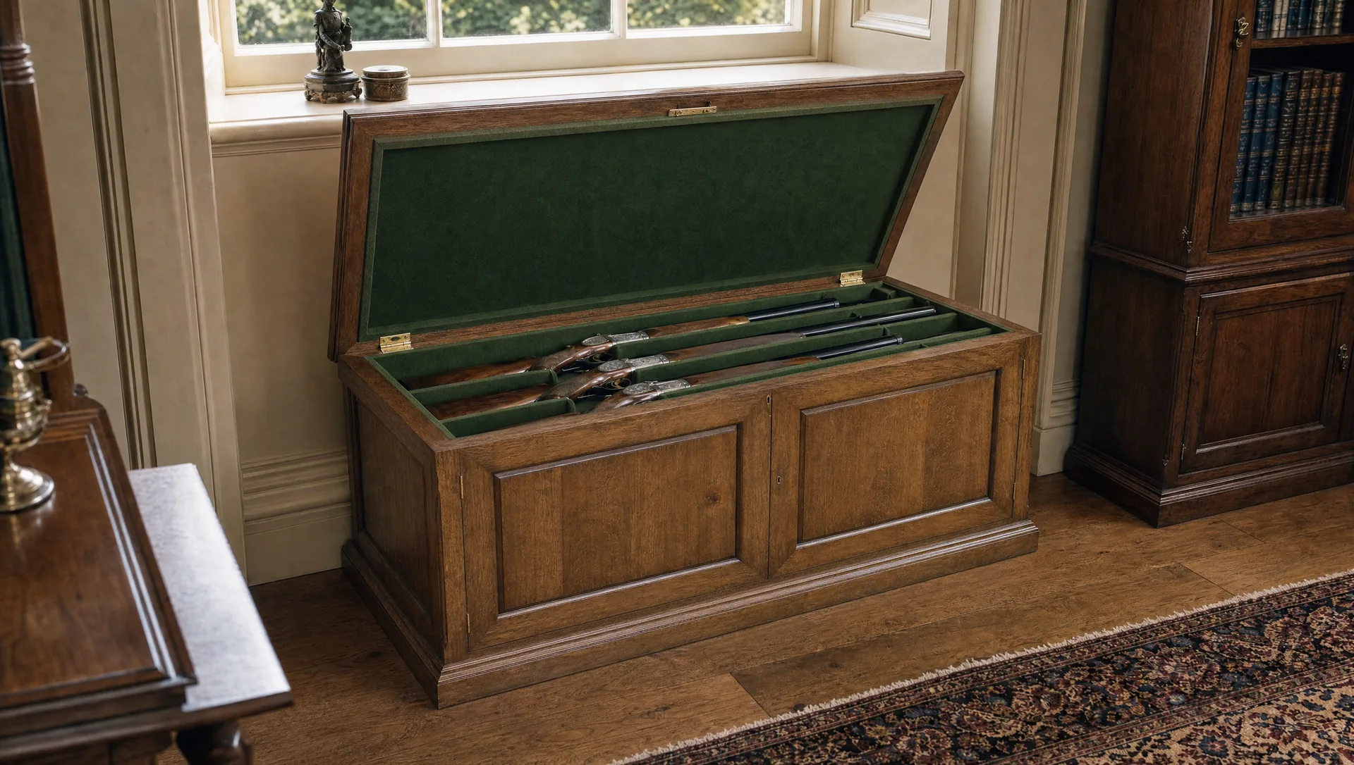 The Brett cased-gun chest closed, reading as a blanket box
