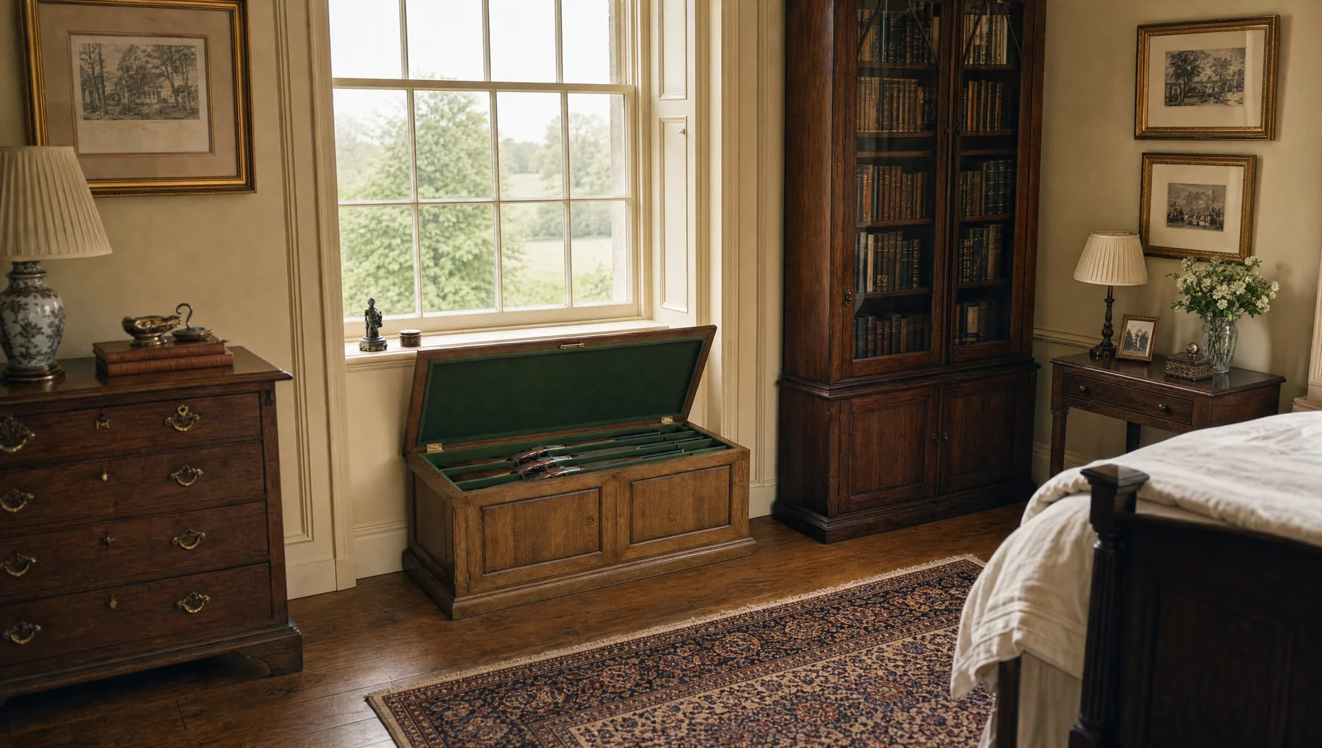 A low cased-gun chest beneath a window in a country-house bedroom