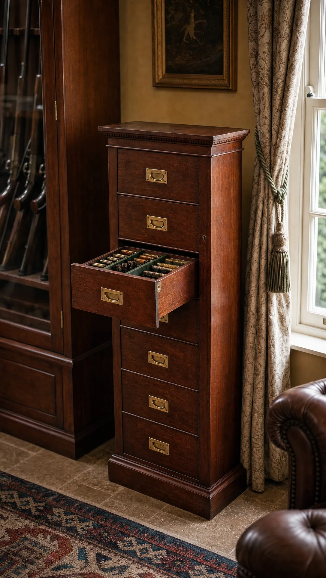 The Orwell cartridge chest from three-quarters, showing the graduated drawers