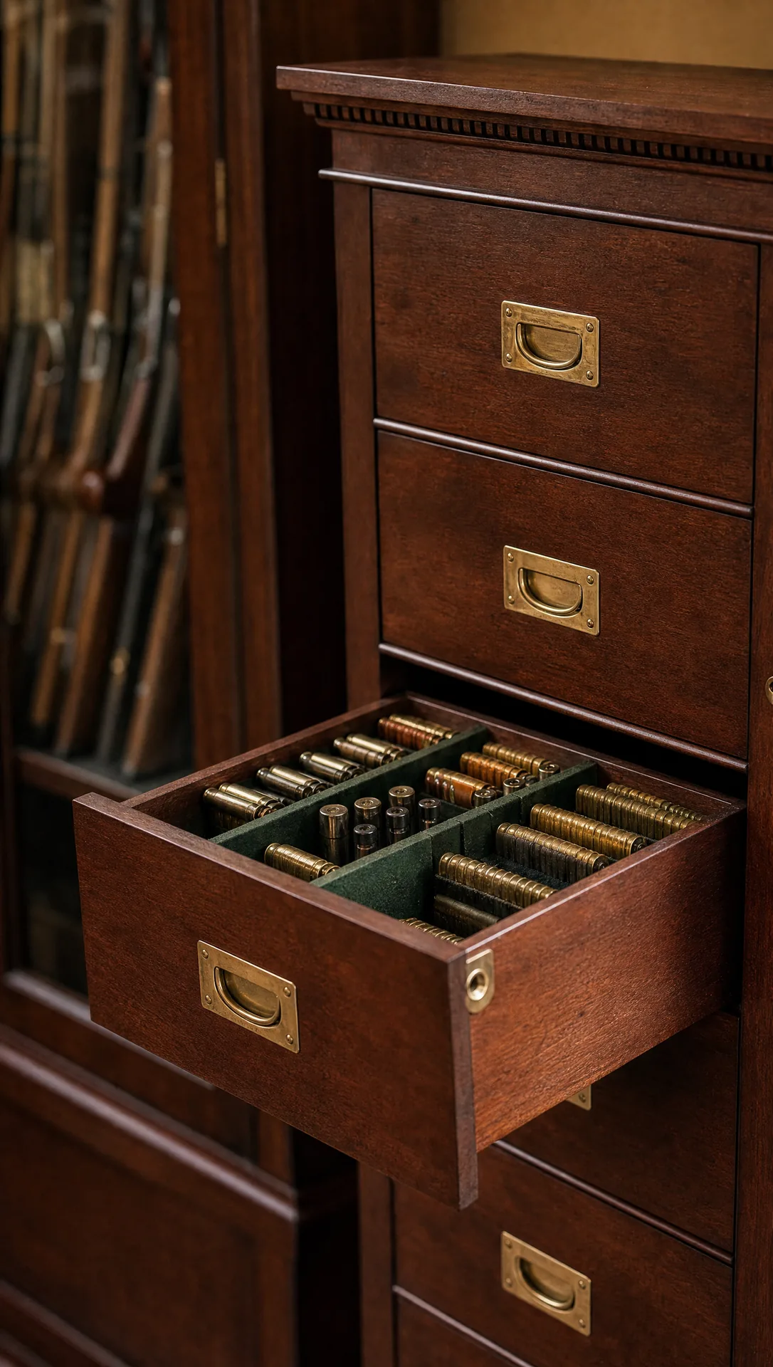 Close detail of the locking stile down the side of a Wellington chest