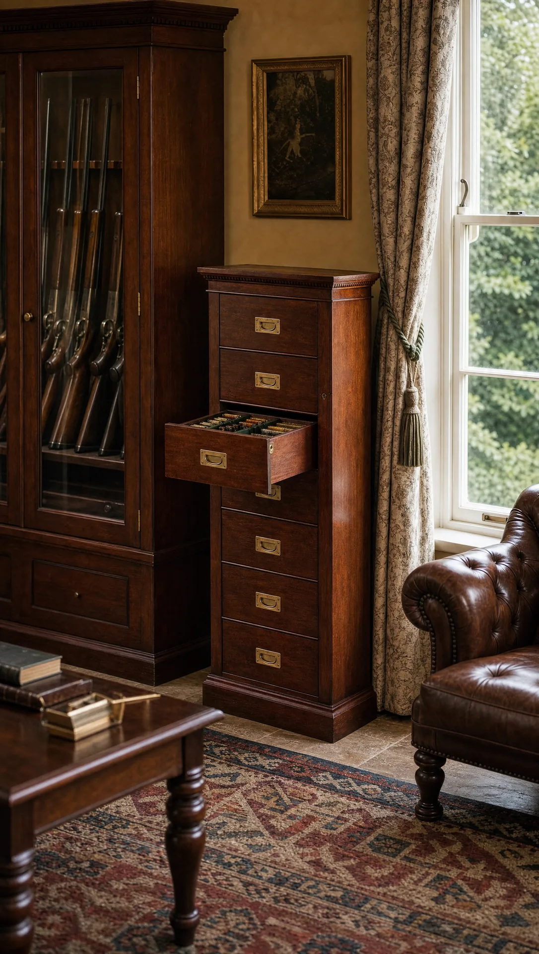 A mahogany cartridge chest standing beside a gun cabinet in the same timber
