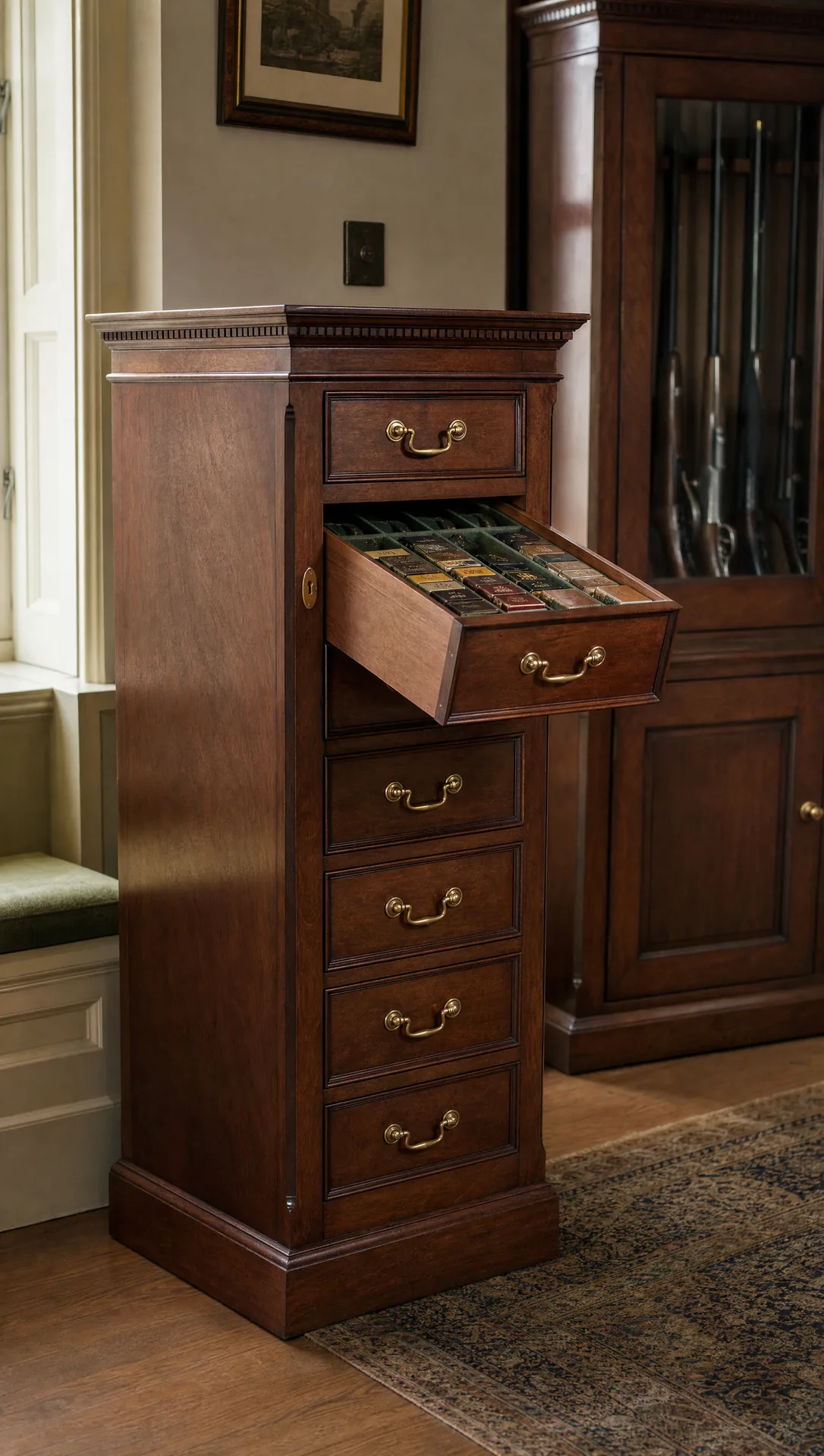 Mahogany Wellington chest of graduated drawers for cartridge storage, one drawer open