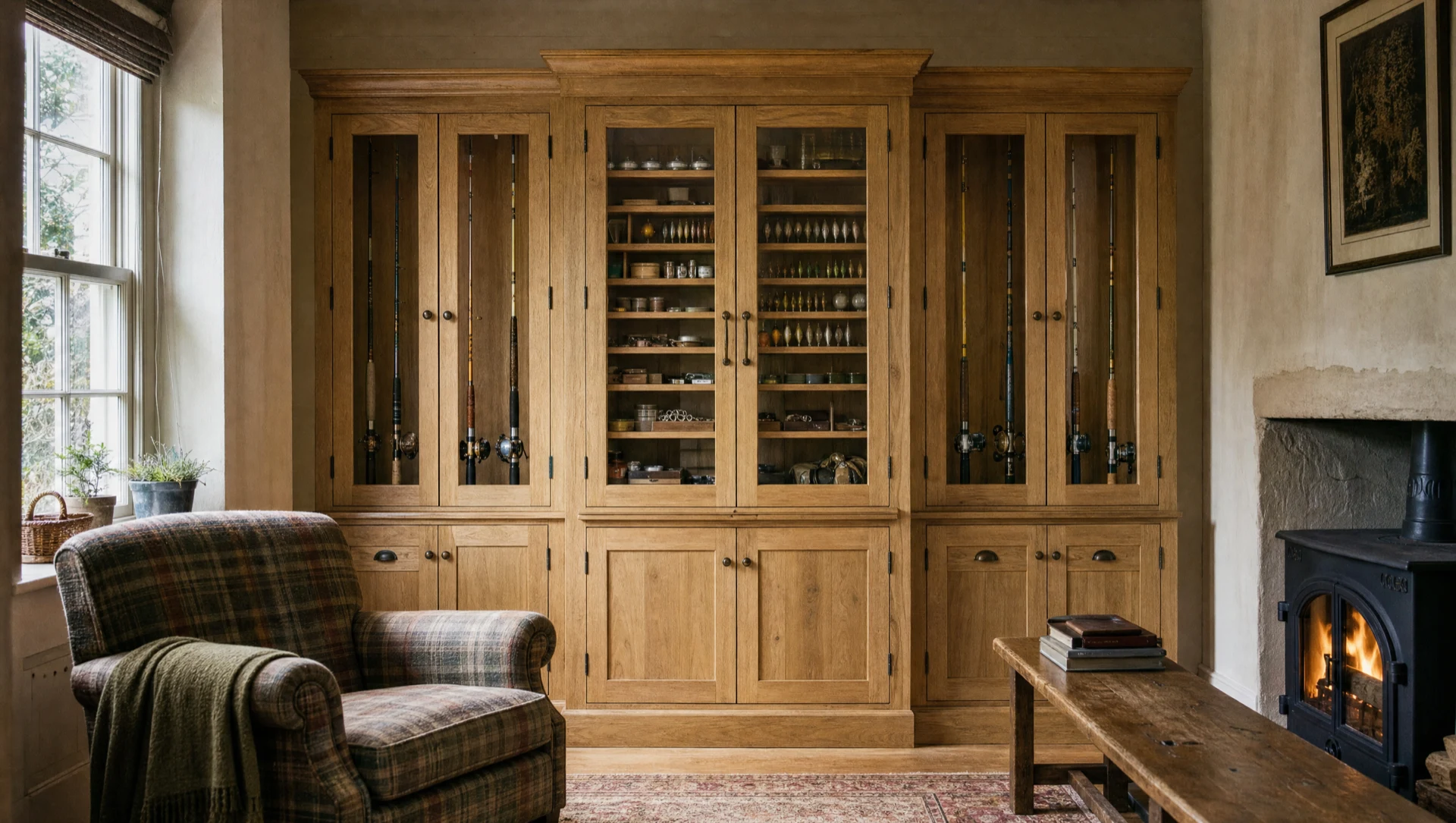 Fitted oak fishing room cabinet with glazed doors beside a fireplace and armchair