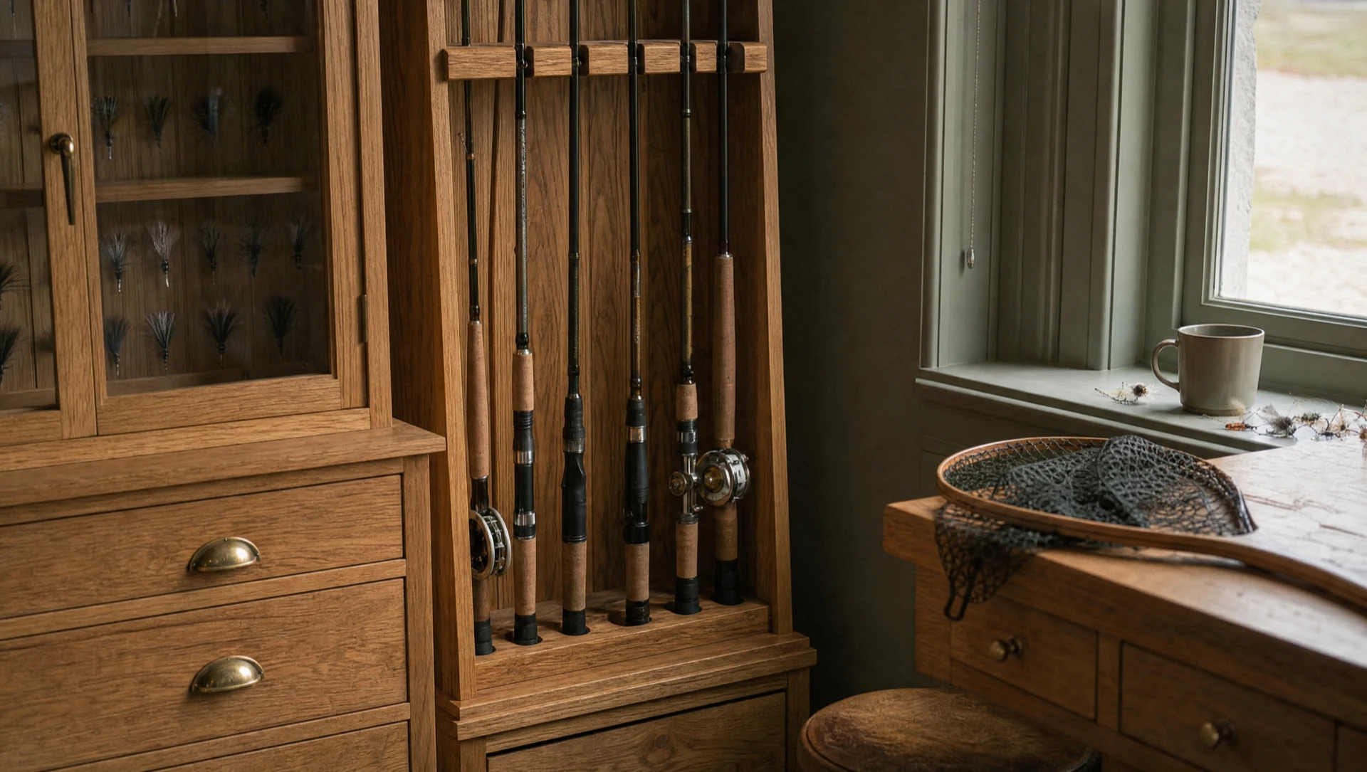 Rod rack holding fishing rods upright beside a window, with drawers below