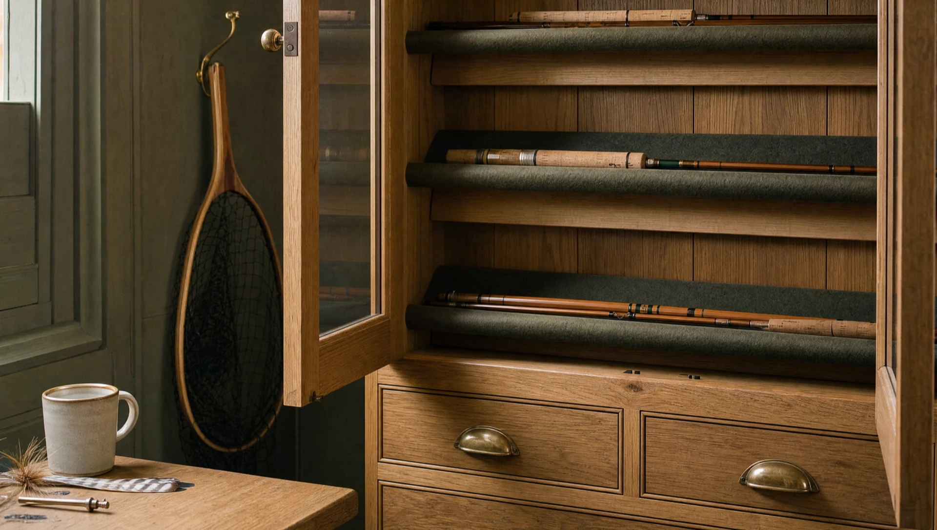Open rod cabinet showing rods laid horizontally on lined shelves, a landing net alongside