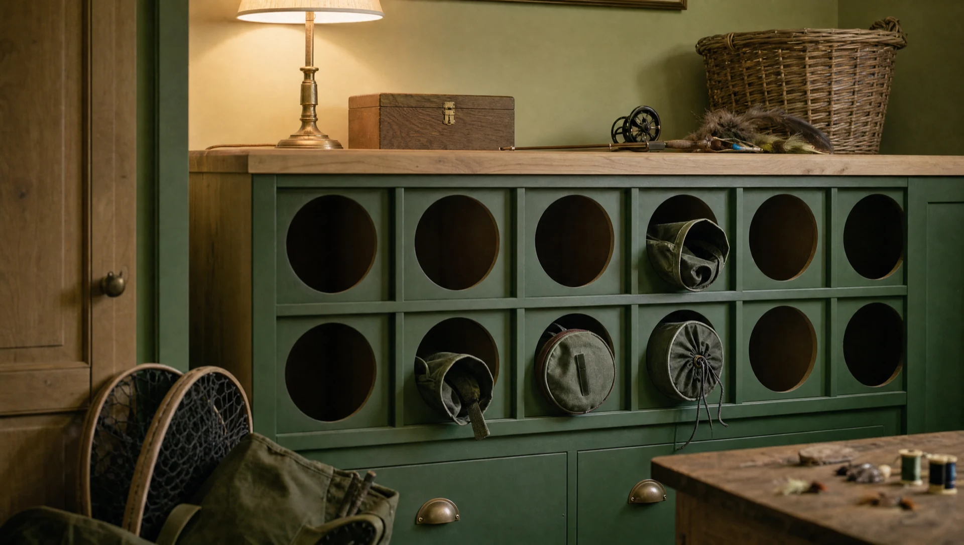 Green-painted rod storage with circular rod ports and reels above a run of drawers