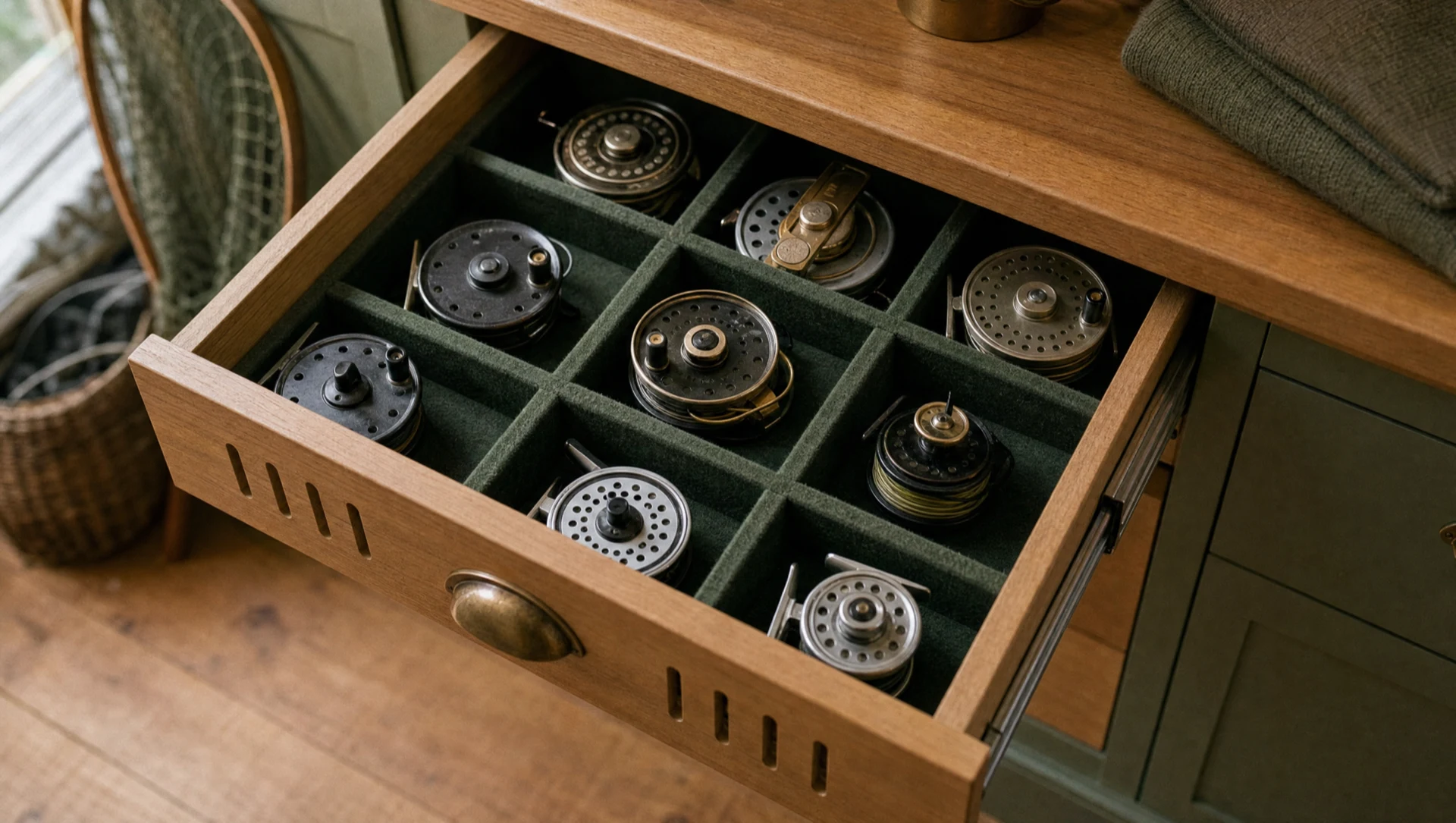 Open drawer of a fishing cabinet fitted with dividers holding fly reels