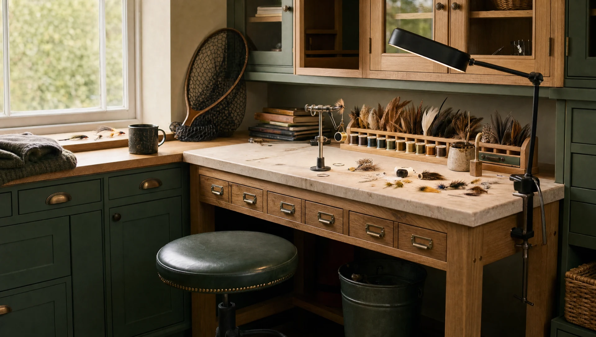 Fly-tying bench with a vice, tool drawers, lamp and stool