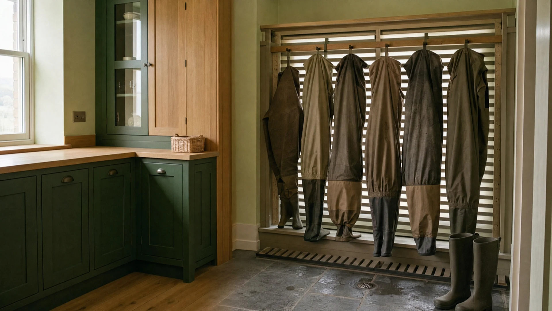 Waders hung on a slatted drying rack above a stone floor in a green-painted fishing room