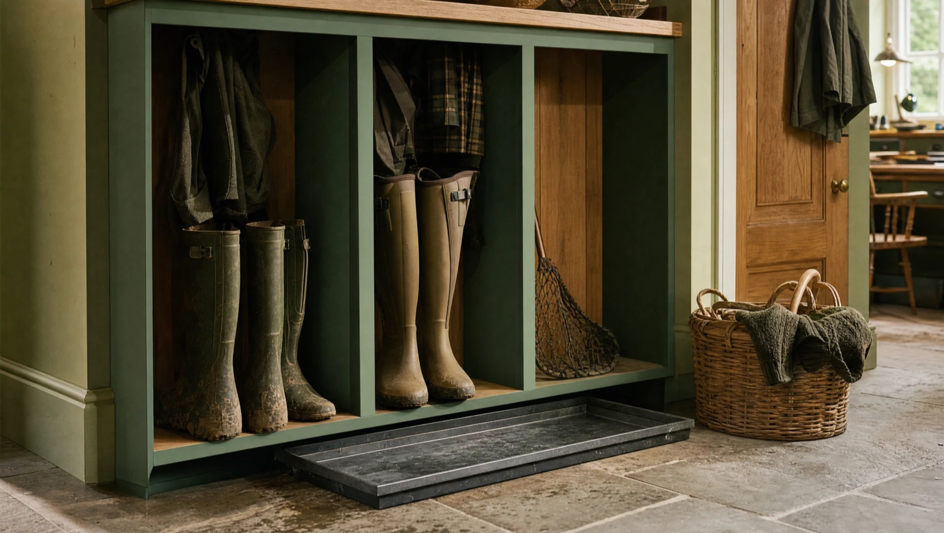 Boot storage with pigeonholes holding boots and coats, and a wicker basket above