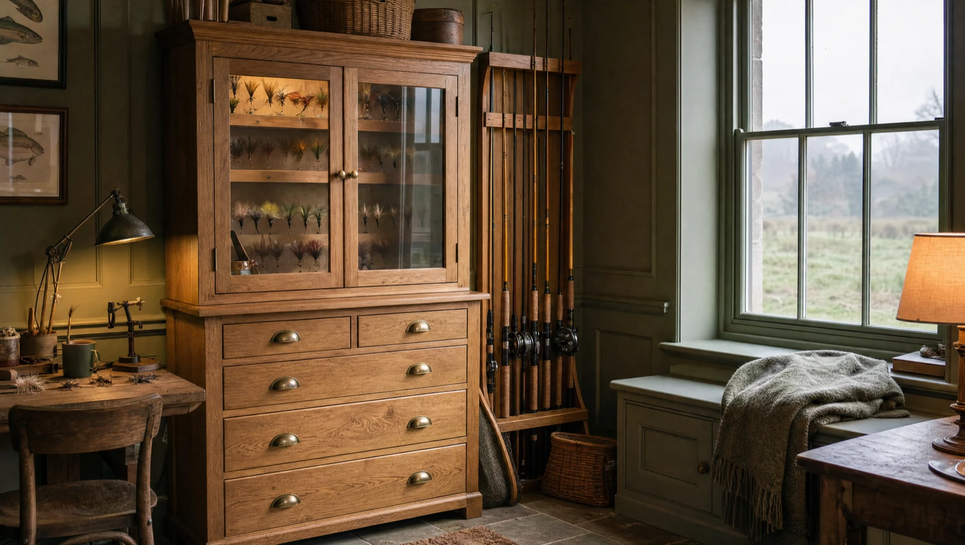Freestanding oak fishing cabinet with glazed upper doors and drawers, rods racked alongside