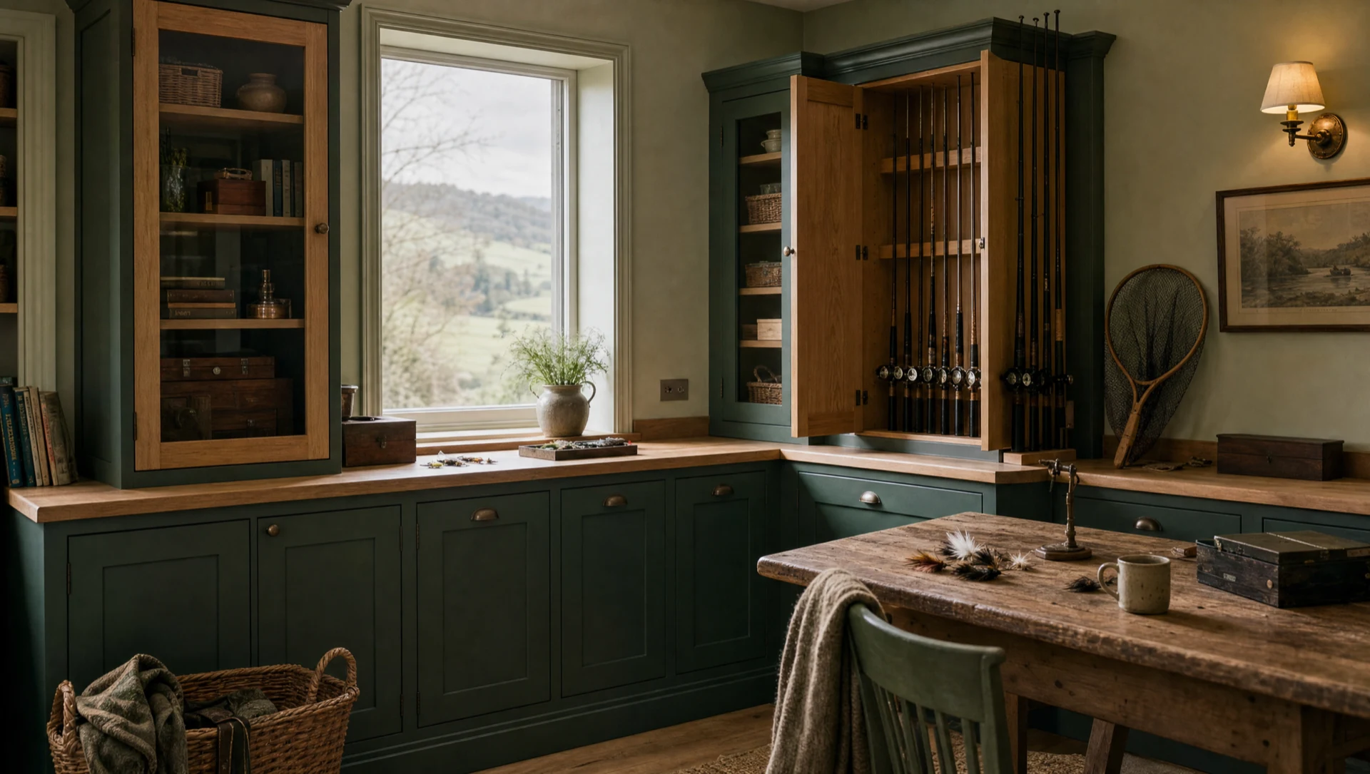 Green fitted fishing room with rod storage and a work surface beneath a window