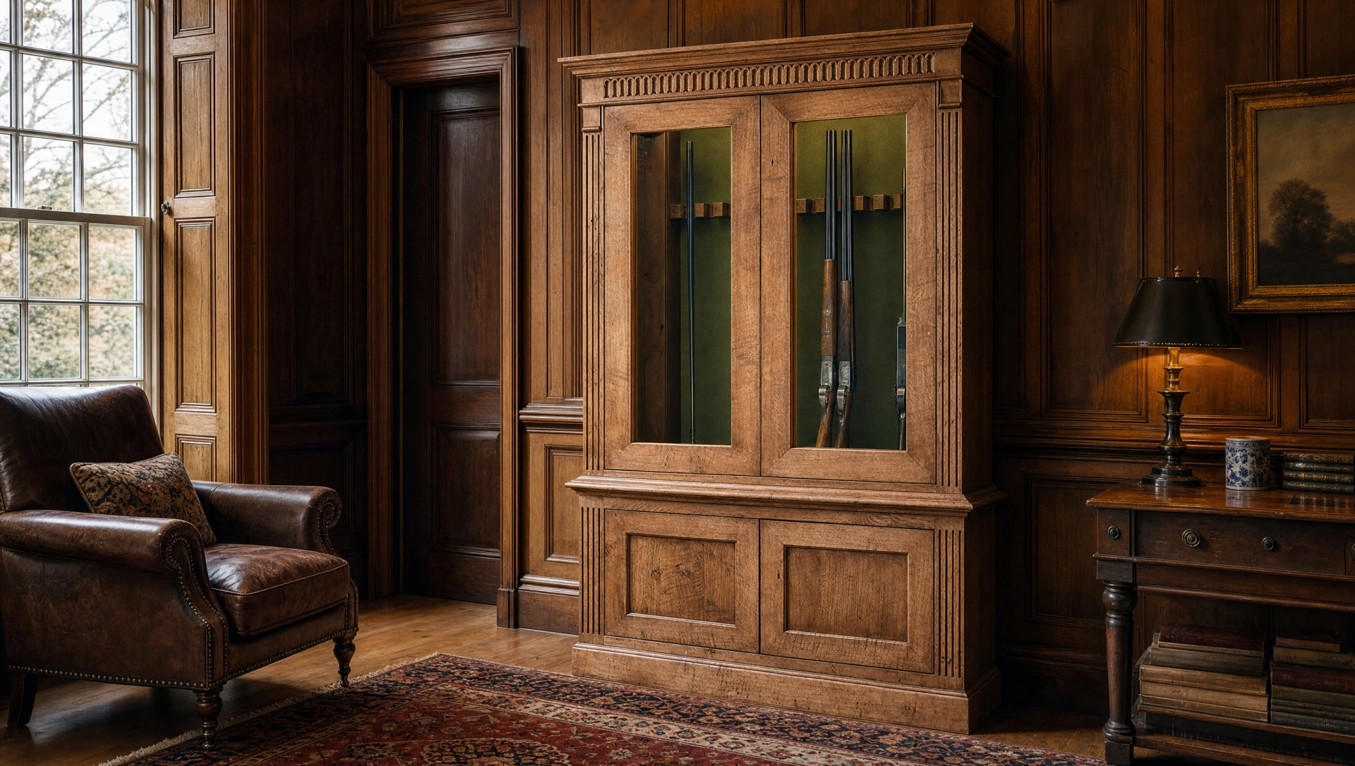 Glazed oak gun cabinet with a dentil cornice in a panelled room, shotguns racked upright behind the glass