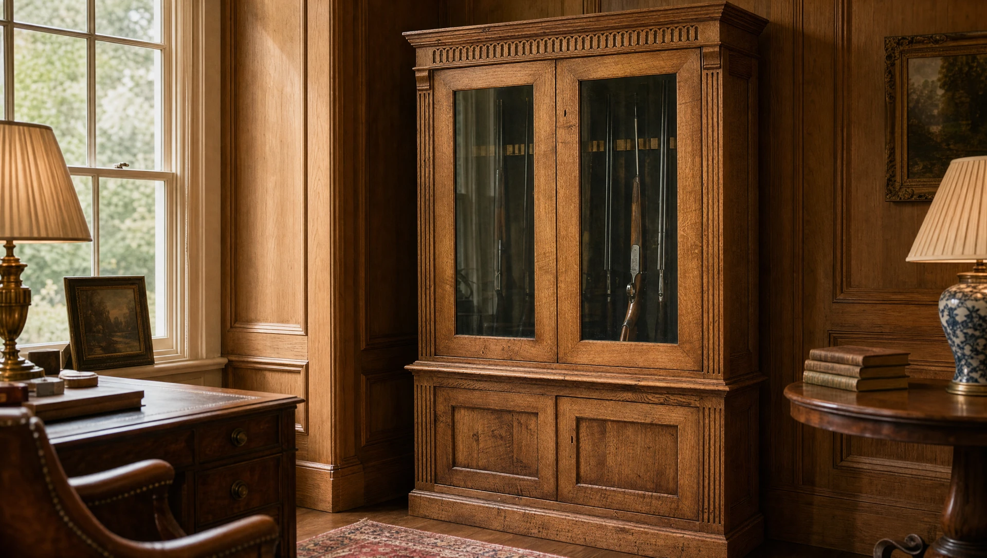 Glazed oak gun cabinet beside a sash window and writing desk, guns stored upright behind glazed doors