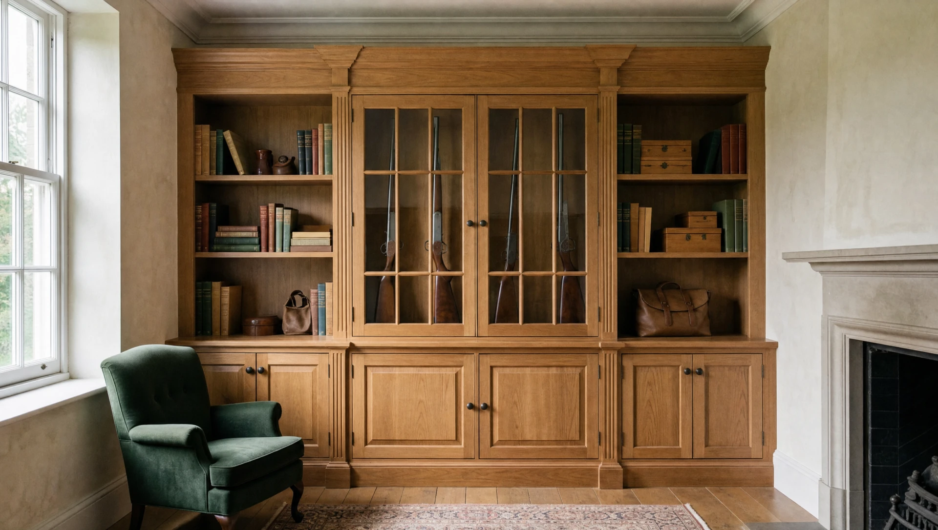 Fitted oak gun cabinet and bookcase run flanking a fireplace, with a glazed centre section