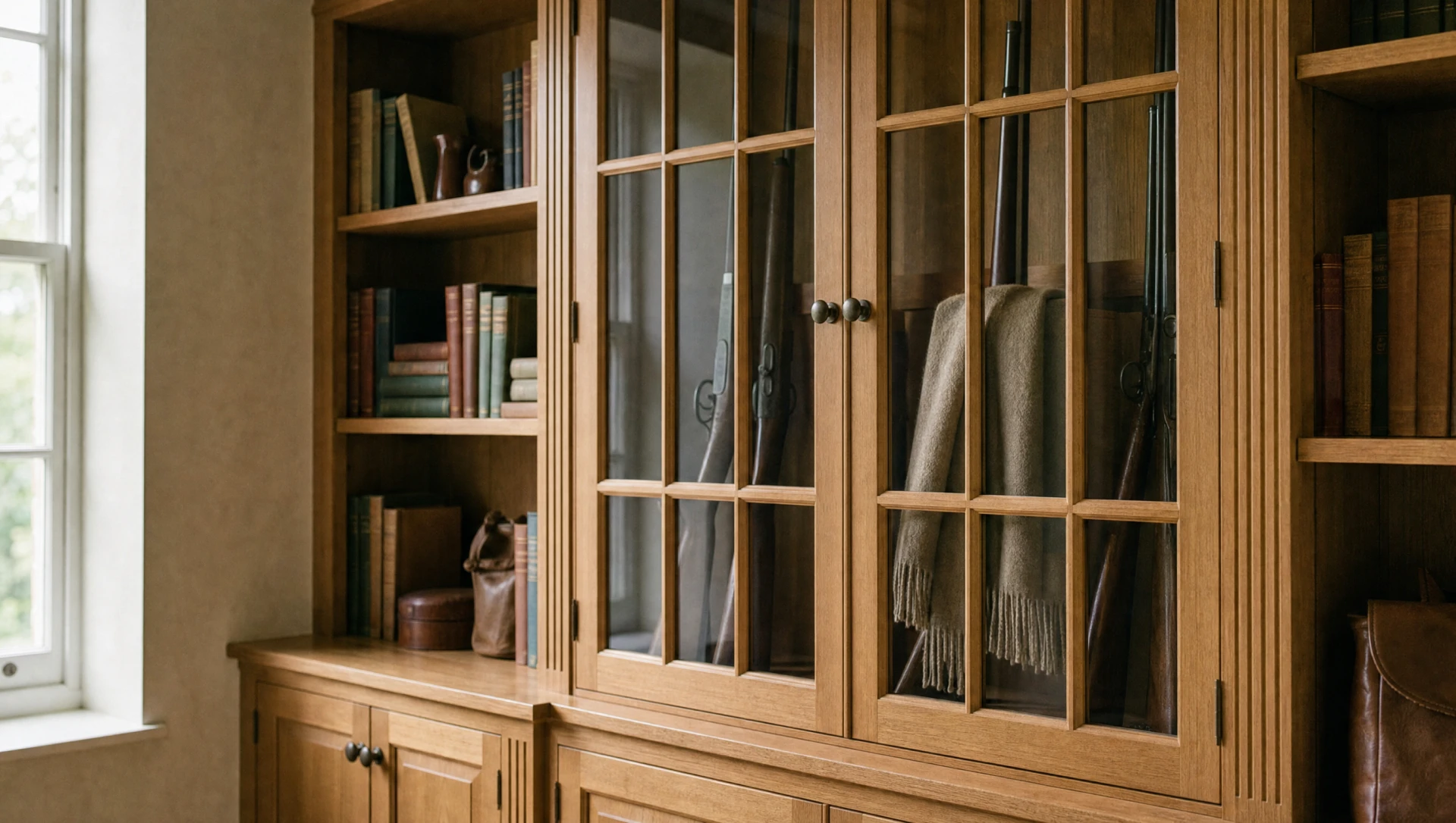 Detail of a fitted glazed gun cabinet with astragal glazing bars and adjoining bookshelves