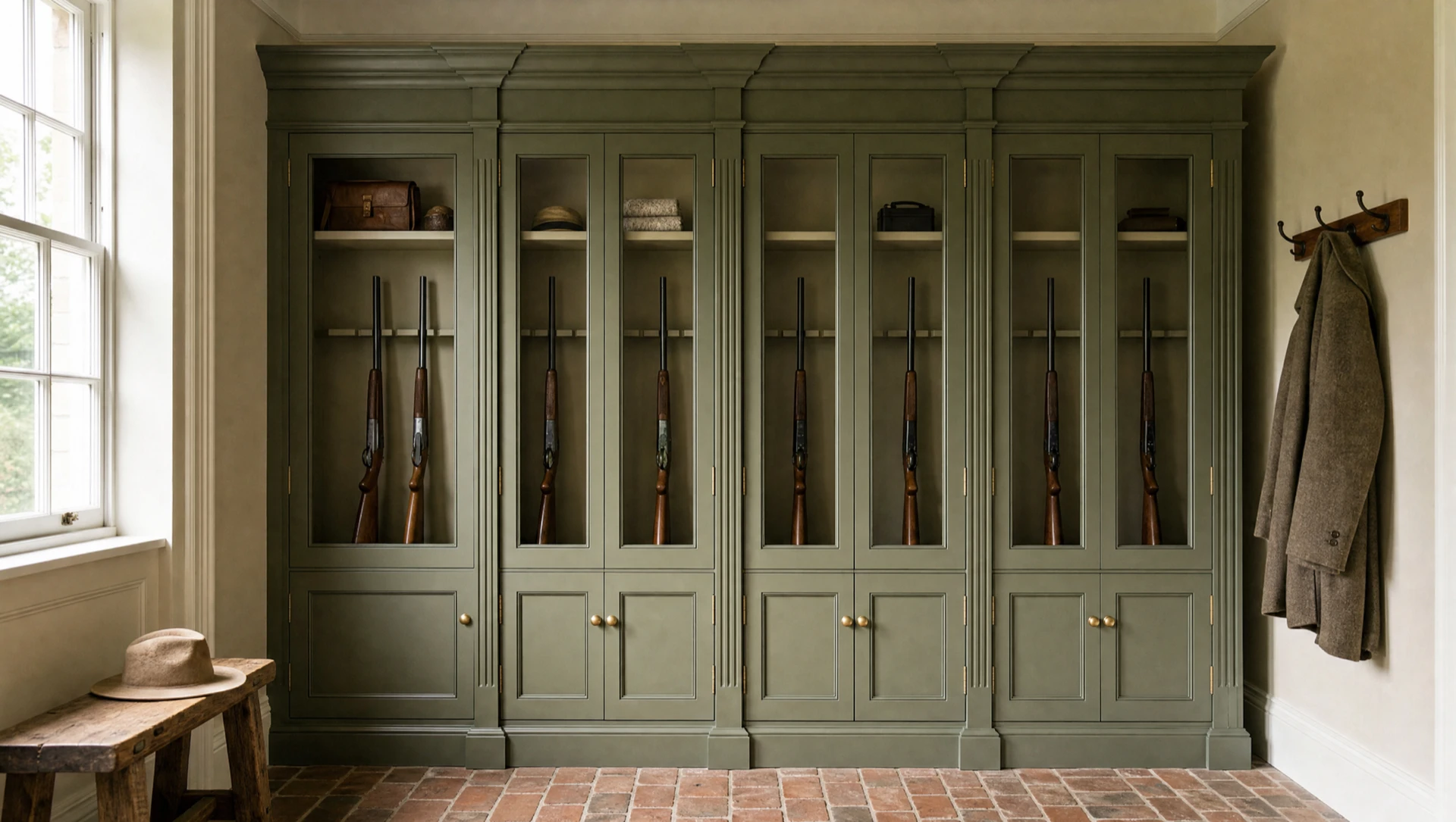 Green-painted fitted gun cabinets running the length of a boot room corridor