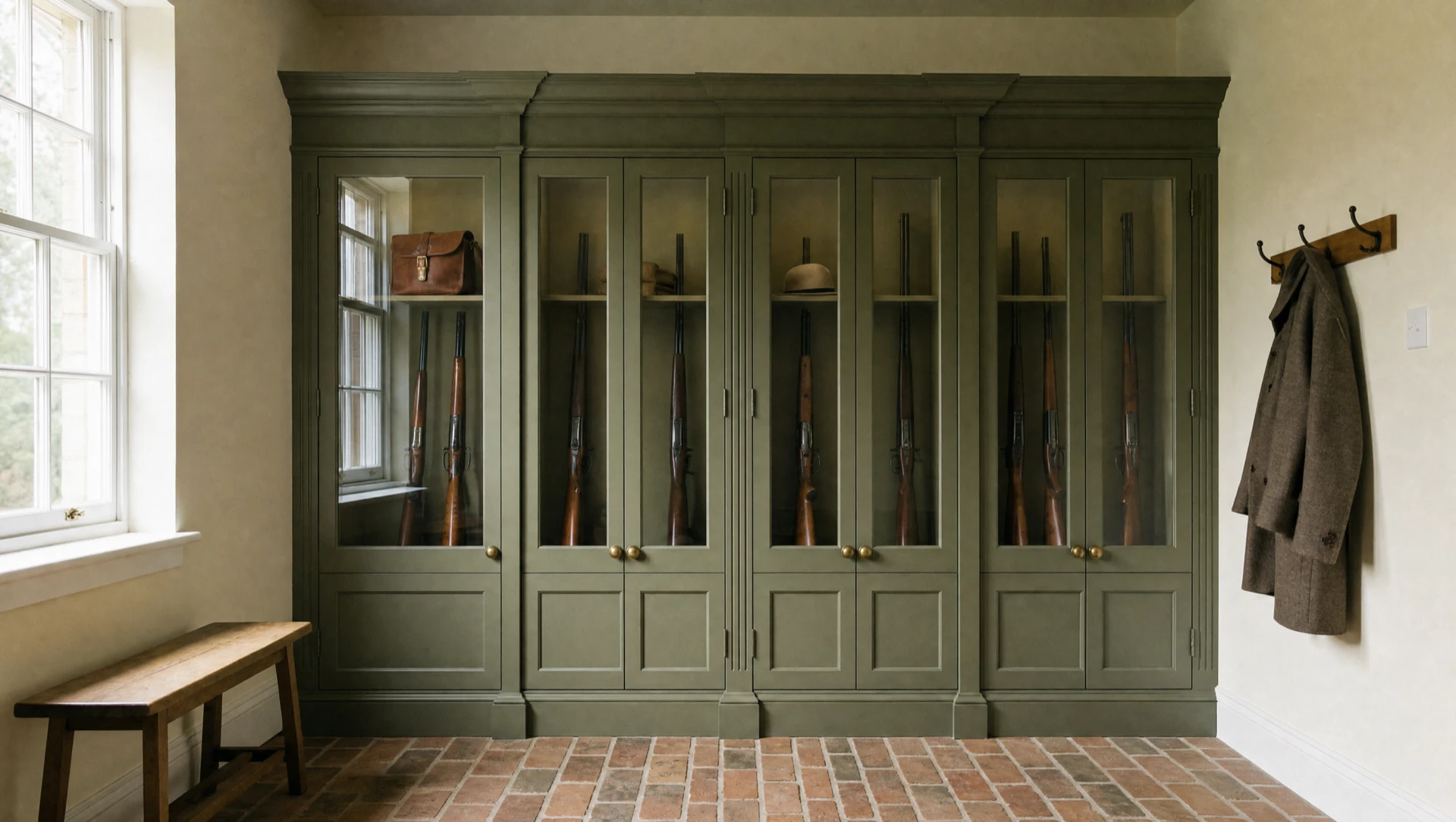 Dark walnut glazed gun cabinet with guns racked upright and a leather armchair alongside