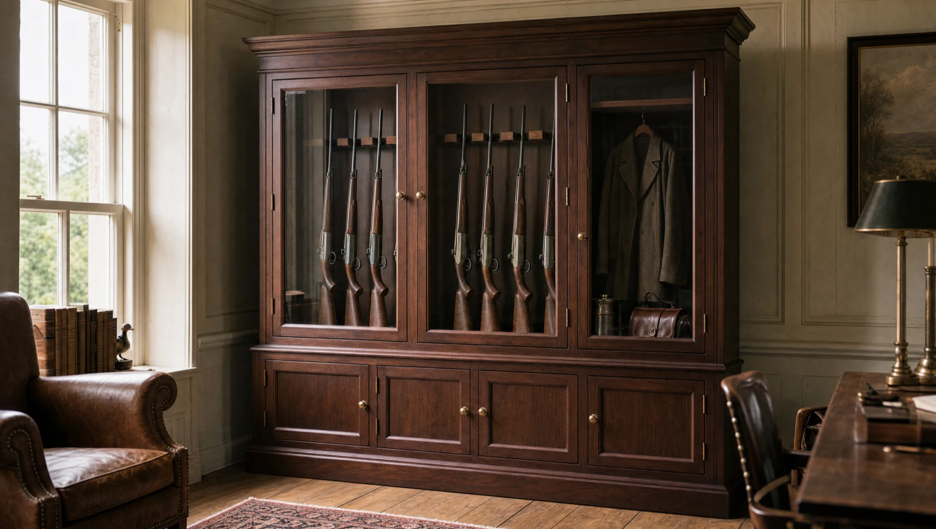 Solid-fronted dark timber gun cabinet with panelled doors closed and no glazing