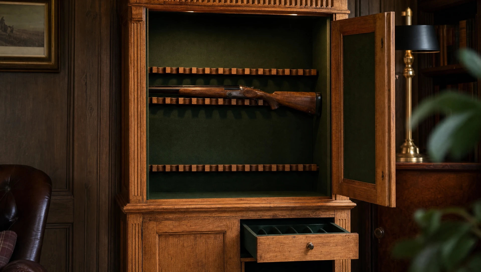 Open gun cabinet interior showing a lined rack, a gun in place and an open drawer below