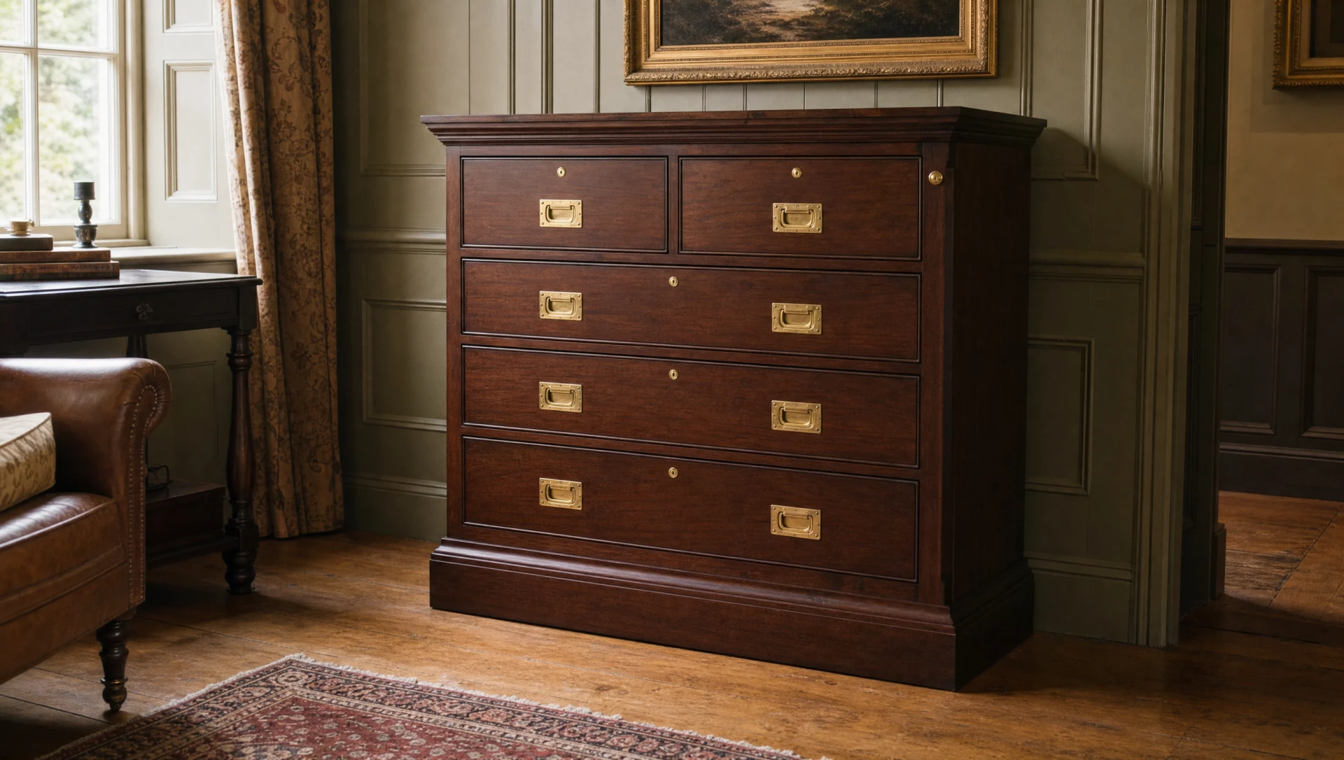 Mahogany Wellington chest with brass handles and graduated drawers for cartridge storage