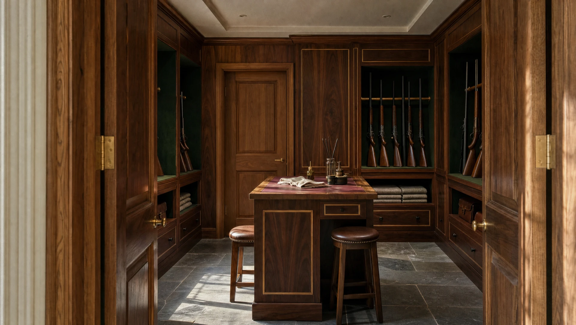 Fitted oak gun room with guns racked to both walls and a central island bench
