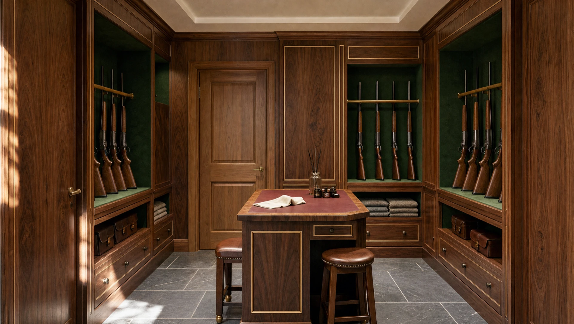 Oak-panelled gun room with a central cleaning bench and racked guns behind