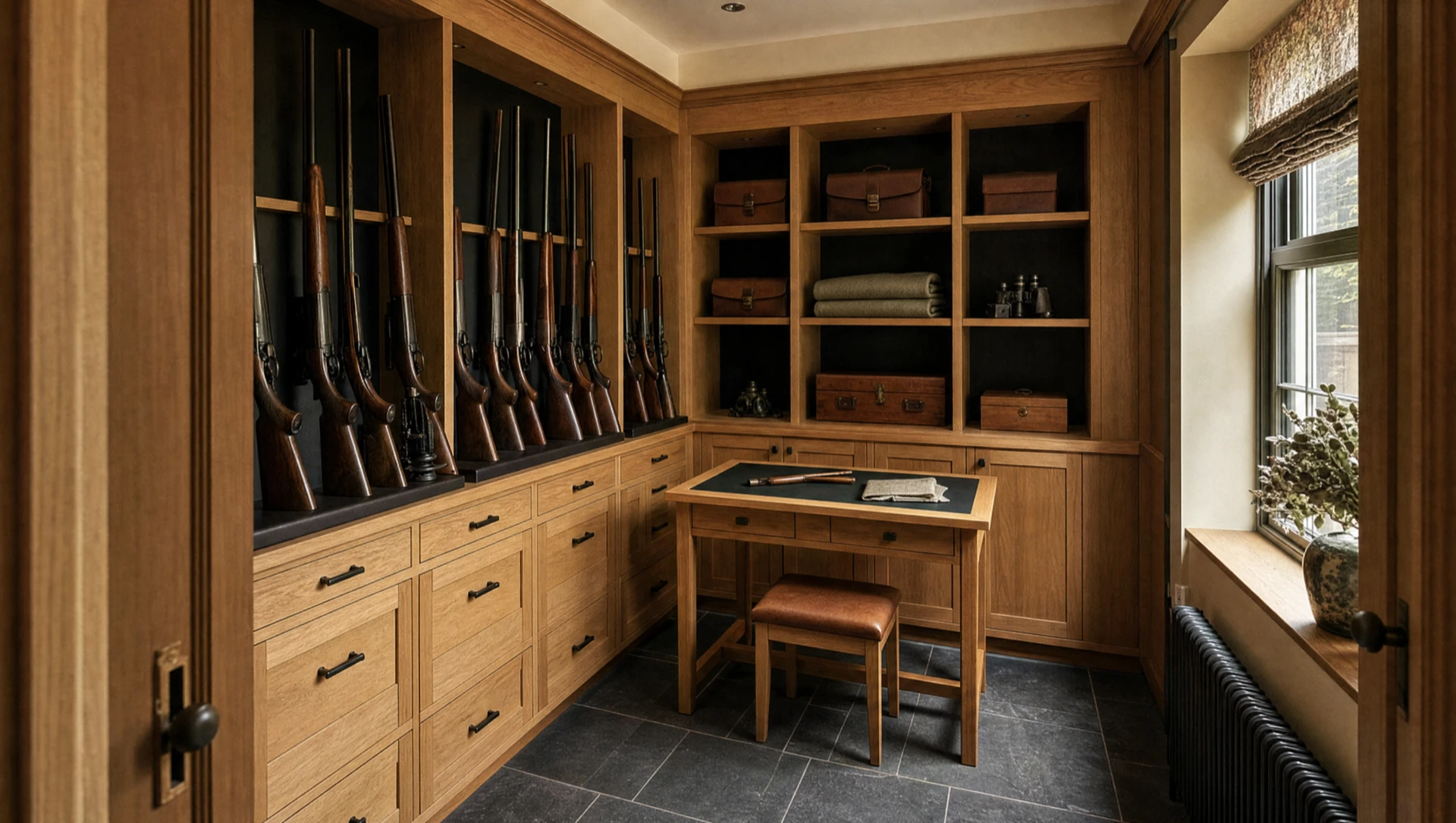 Fitted oak gun room with racked guns, banks of drawers and a small cleaning table by the window