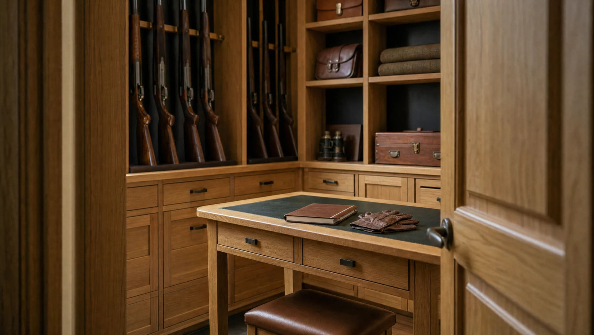 Detail of an oak gun room rack with cartridge drawers and a leather-topped bench