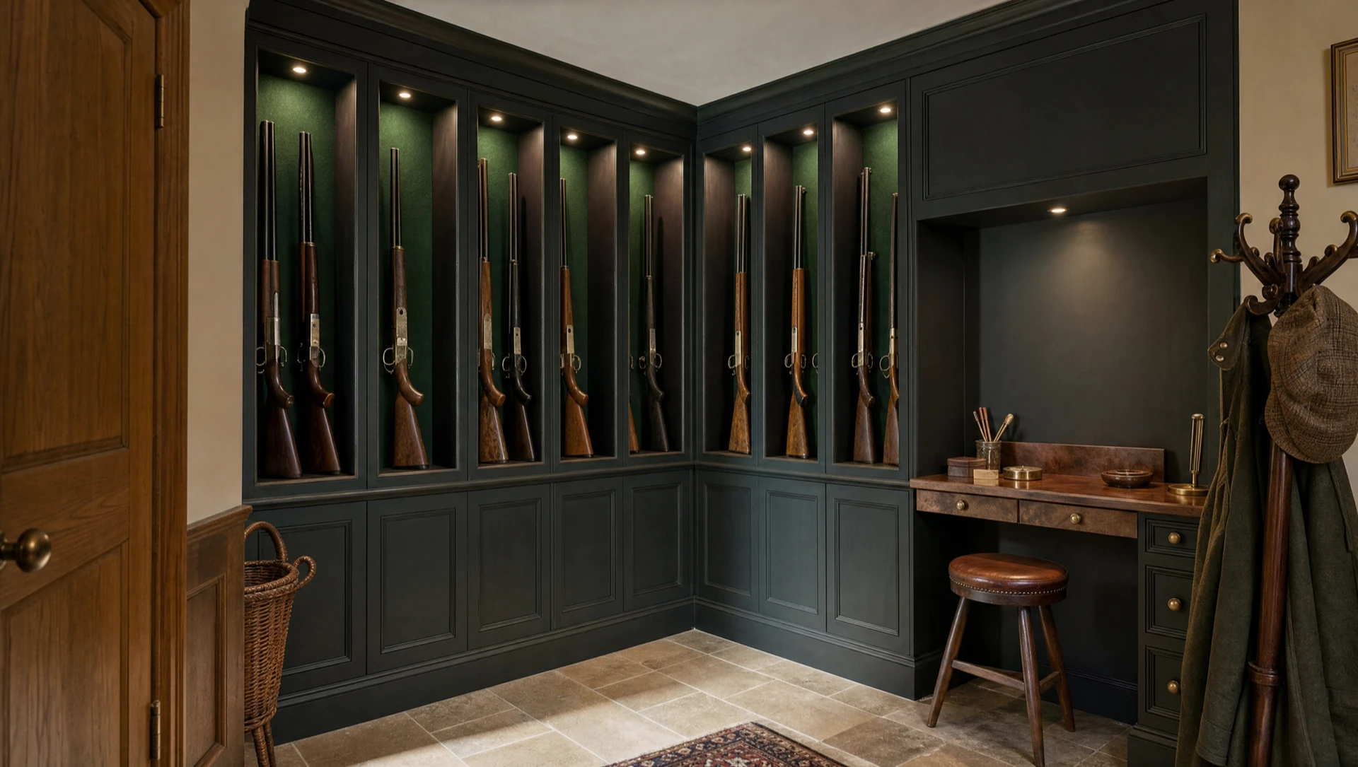 Dark green panelled gun room with guns racked along two walls and a stool at the bench