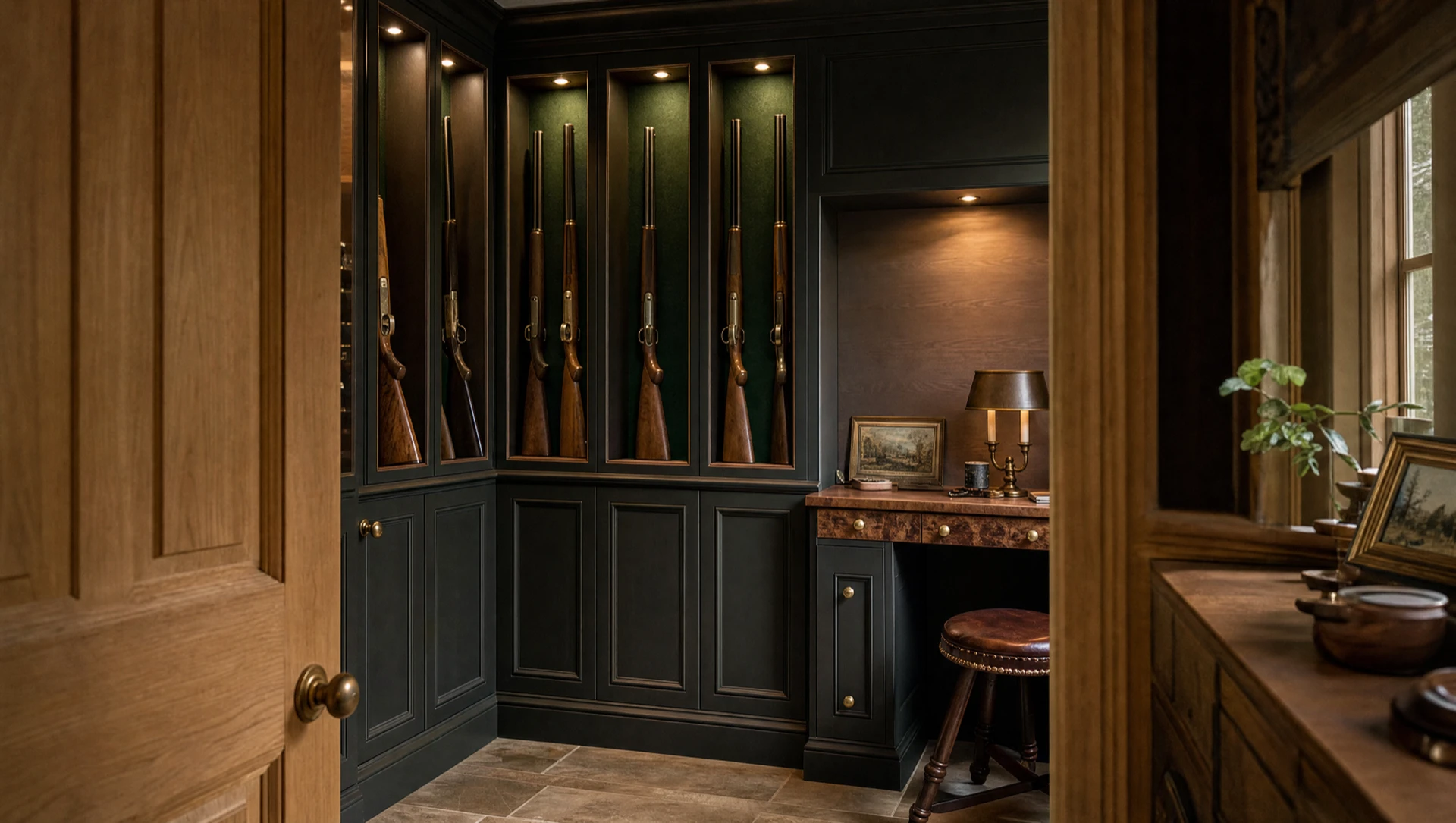 Green-painted gun room with lit gun racks, a chest of drawers and a cleaning stool