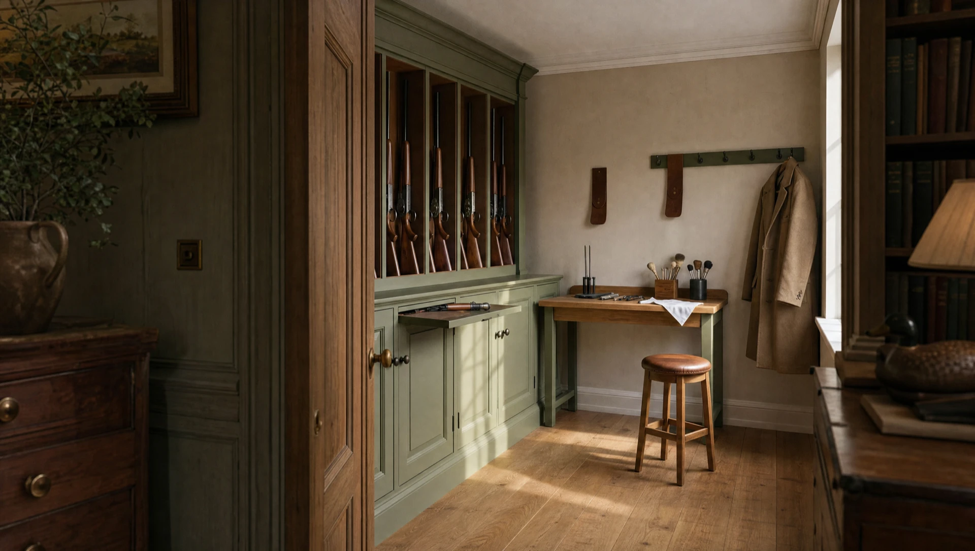 Pale green fitted gun room with a window desk, racked guns and boot storage