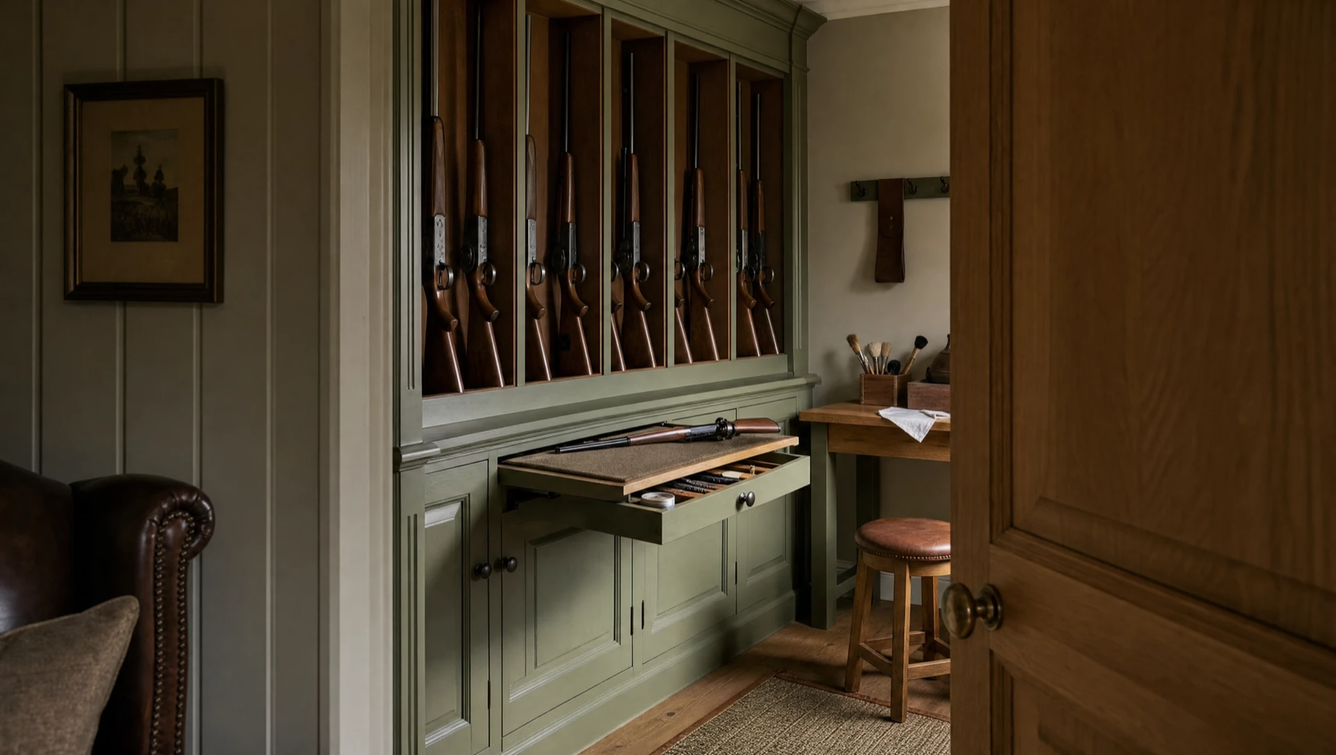 Green fitted gun room with a pull-out cleaning slide below the gun rack